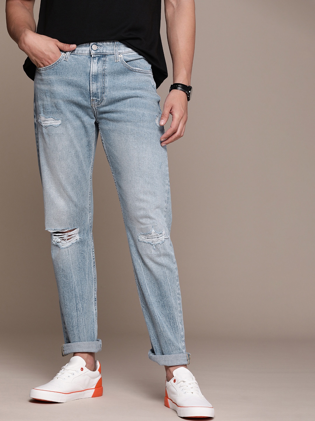 

Calvin Klein Jeans Men Slim Fit Highly Distressed Heavy Fade Stretchable Jeans, Blue