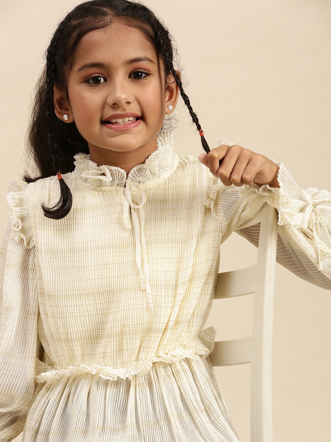

PIPIN Girls Striped Tie-Up Neck Peplum Top, Off white