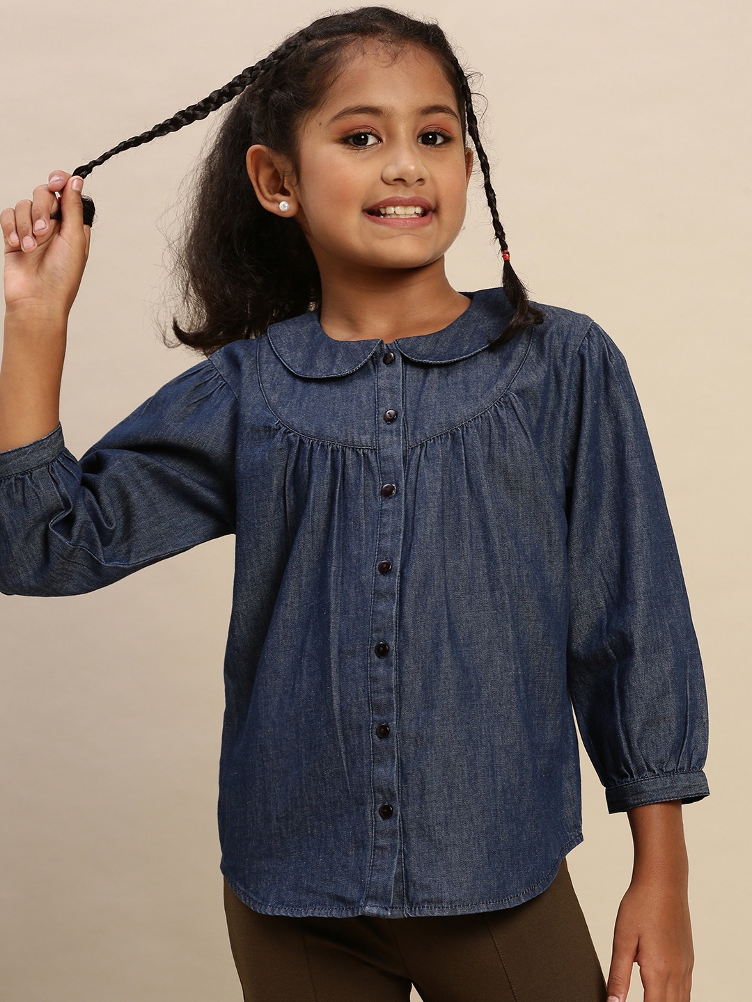 

PIPIN Peter Pan Collar Shirt Style Cotton Top, Blue