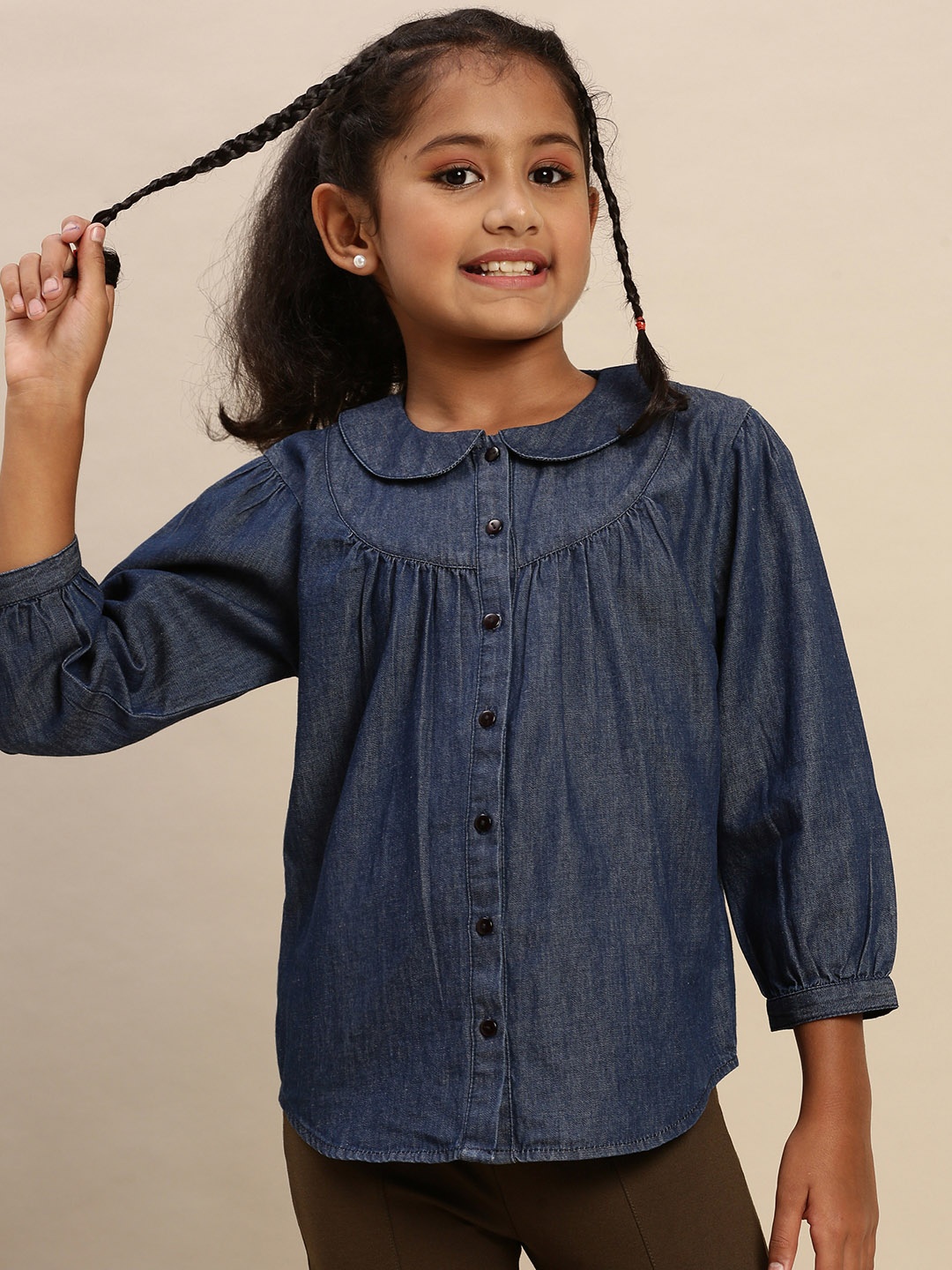 

PIPIN Peter Pan Collar Cotton Shirt Style Top, Blue