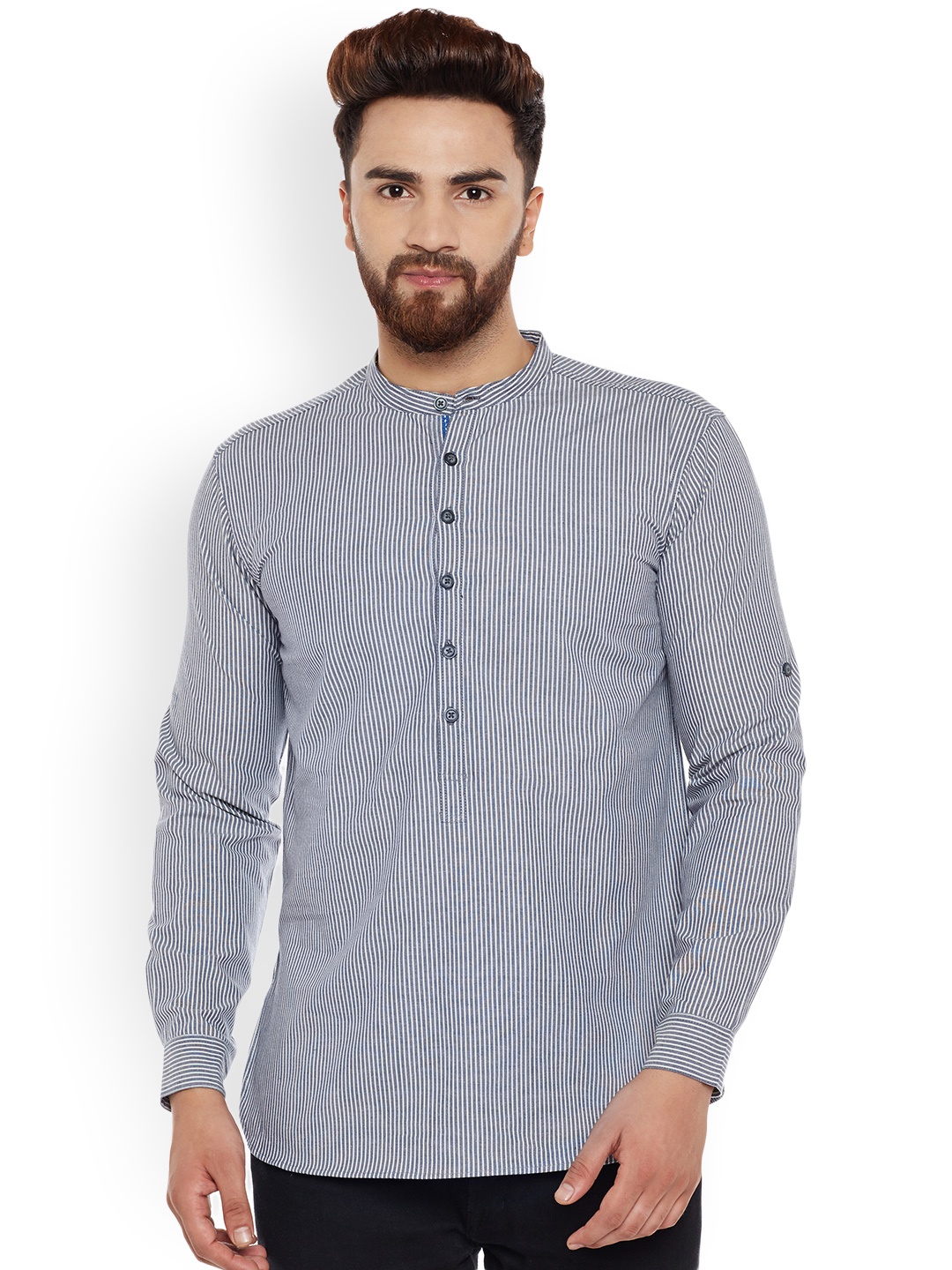 

even Men Grey Striped Straight Kurta