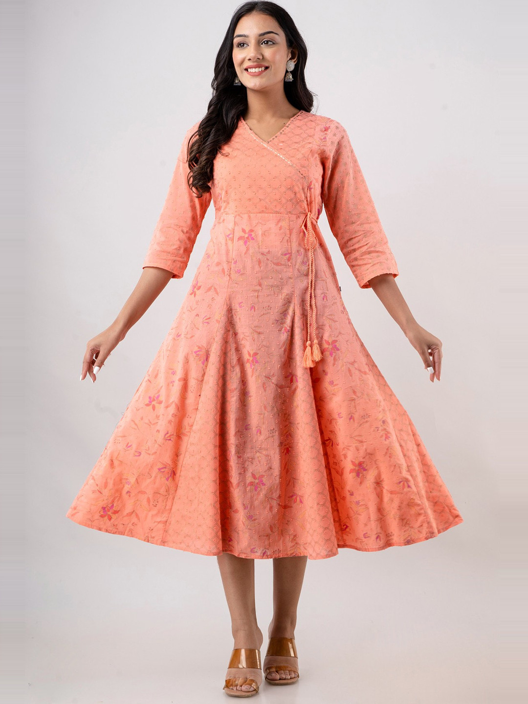 

HERE&NOW Floral Printed Jacquard Anarkali Cotton Kurta, Peach