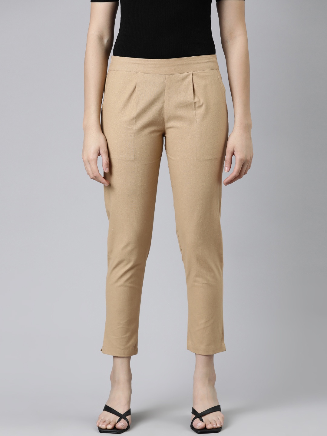 

KALINI Women Pleated Slip On Cotton Cropped Trouser, Beige