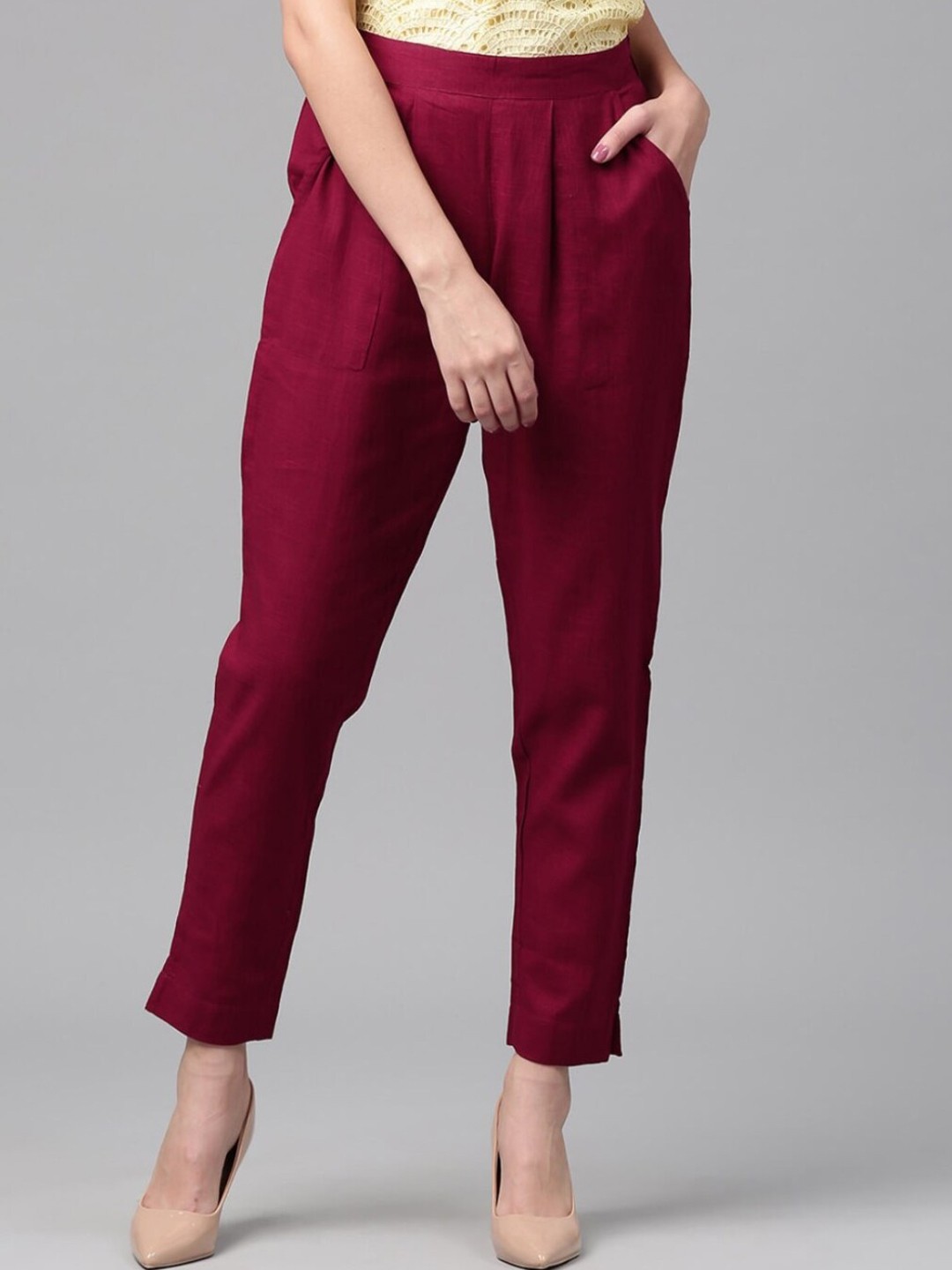 

KALINI Women Pleated Slip On Cotton Cropped Trouser, Maroon