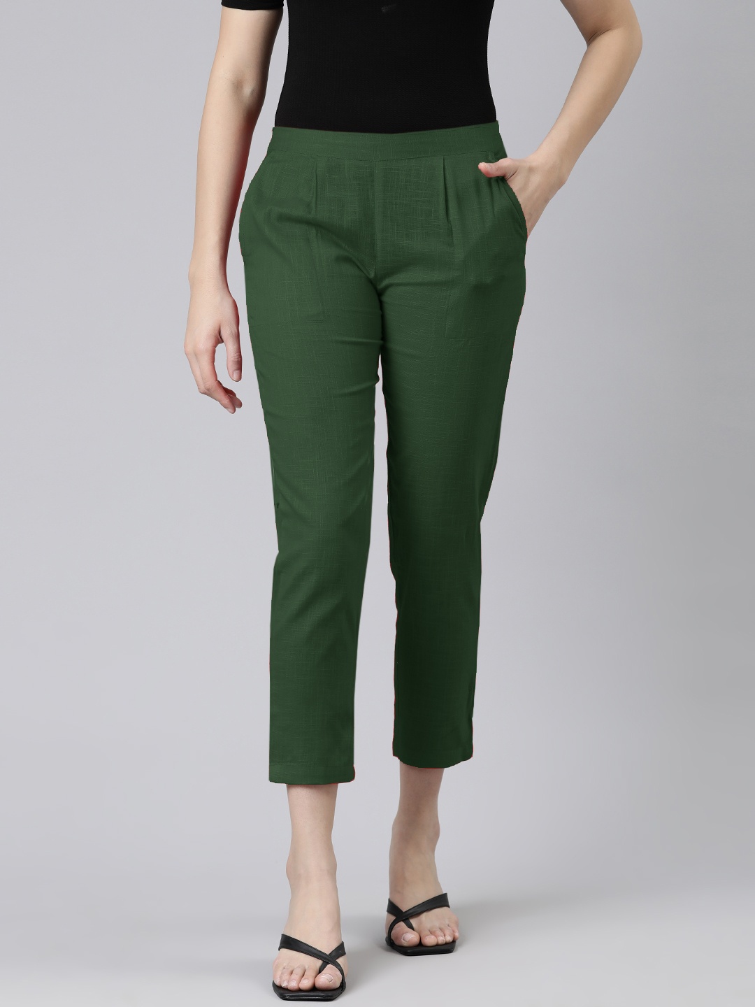 

KALINI Women Pleated Slip On Cotton Cropped Trouser, Teal