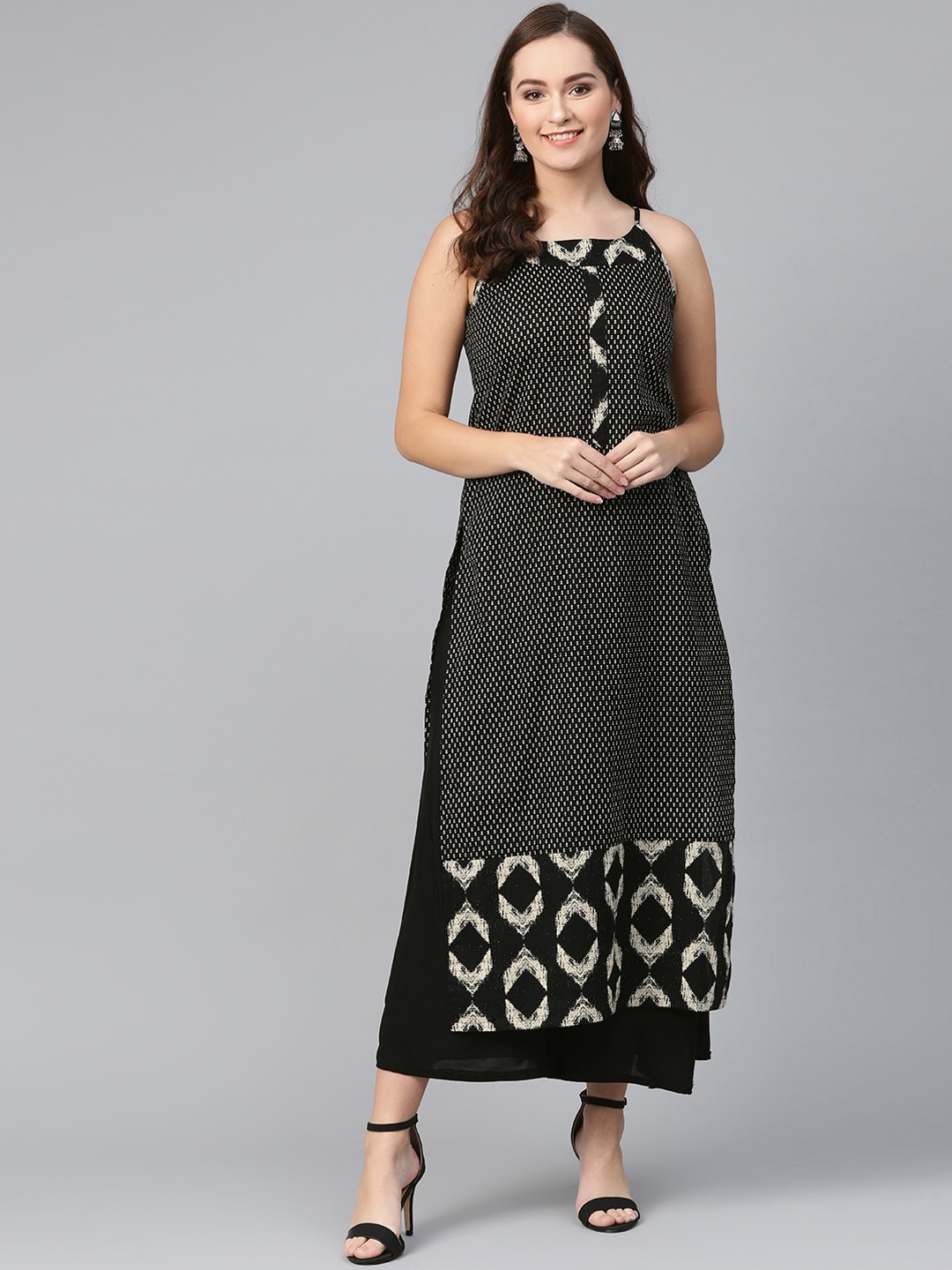 

Pannkh Shoulder Straps Geometric Woven Design A-Line Regular Fit Cotton Kurta, Black
