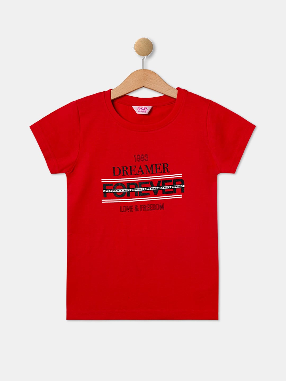 

R&B Girls Typography Printed Cotton T-shirt, Red