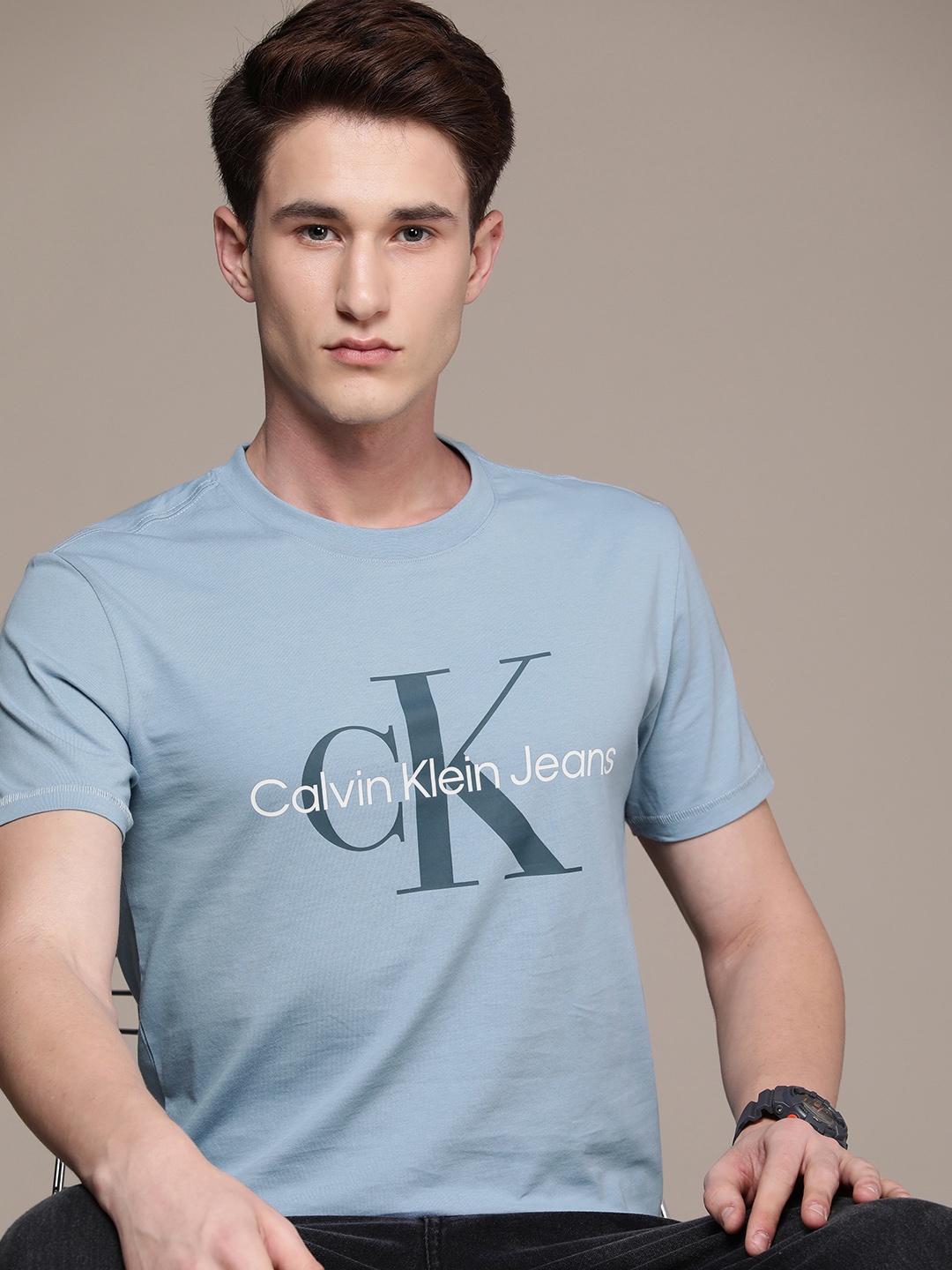 

Calvin Klein Jeans Men Brand Logo Printed Slim Fit Pure Cotton T-shirt, Blue