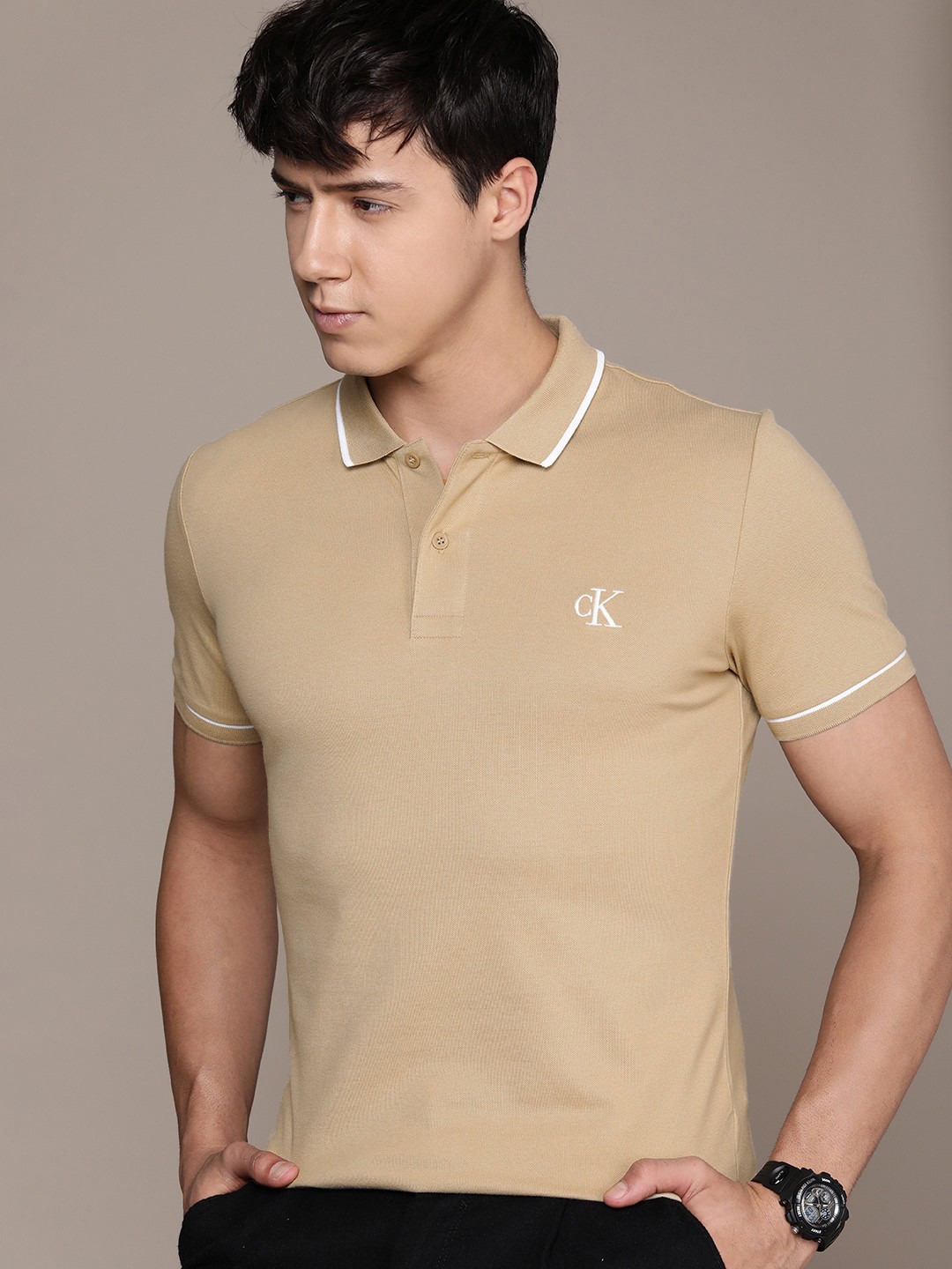

Calvin Klein Jeans Men Brand Logo Polo Collar Slim Fit T-shirt, Beige