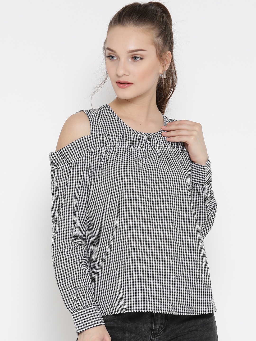 

ONLY Women Black & White Checked Cold Shoulder Pure Cotton Top