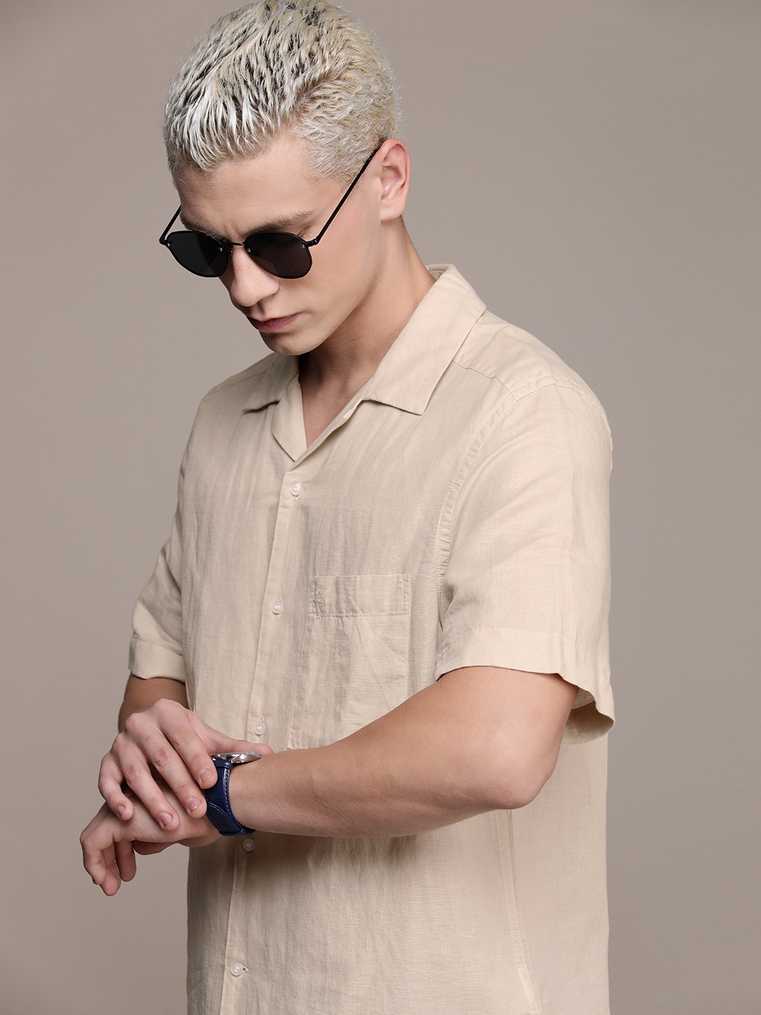 

Calvin Klein Jeans Men Cuban Collar Linen Cotton Casual Shirt, Beige
