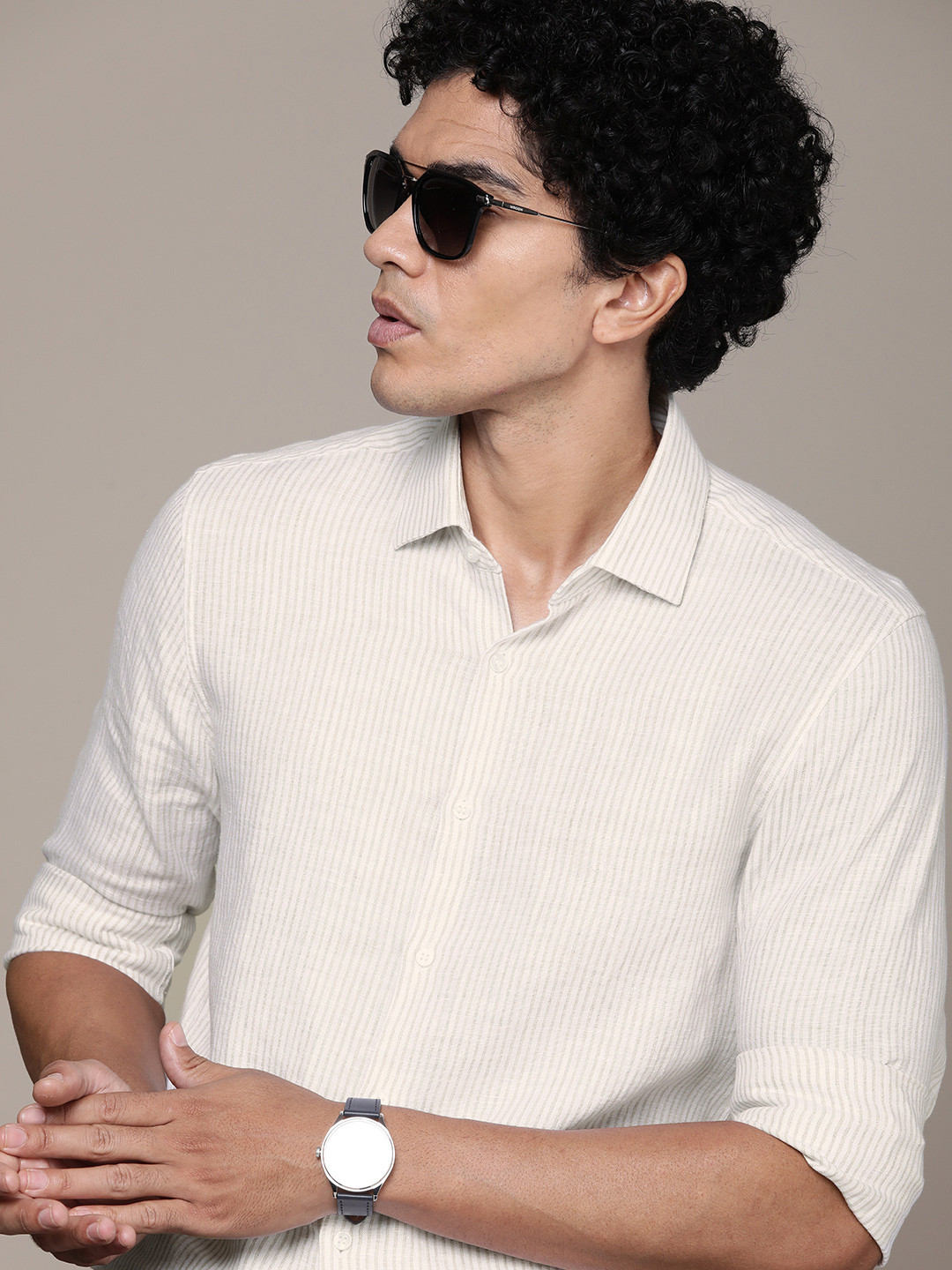 

Calvin Klein Jeans Pure Linen Slim Fit Opaque Striped Casual Shirt, Beige