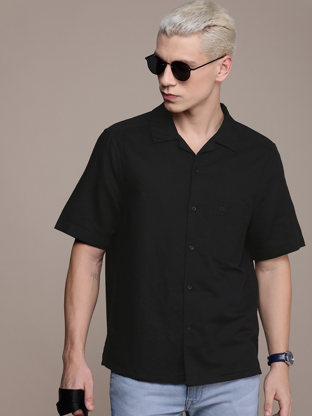 

Calvin Klein Jeans Men Cuban Collar Linen Cotton Casual Shirt, Black