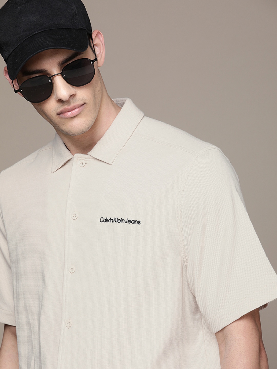 

Calvin Klein Jeans Men Boxy Pure Cotton Casual Shirt, Beige