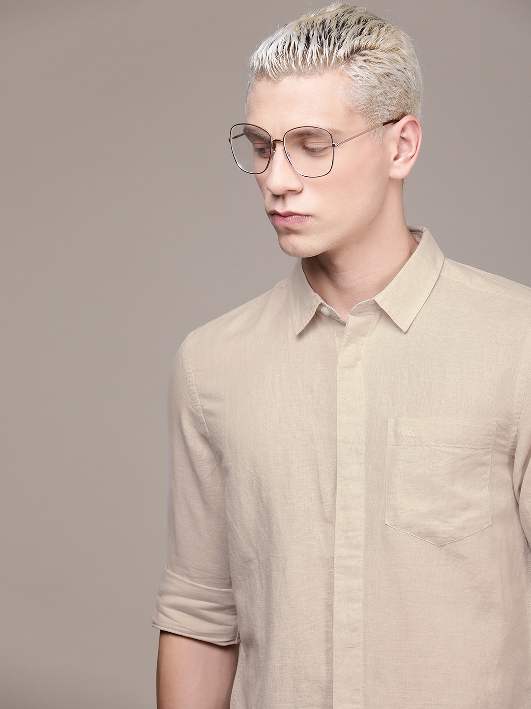 

Calvin Klein Jeans Men Linen Cotton Casual Shirt, Beige