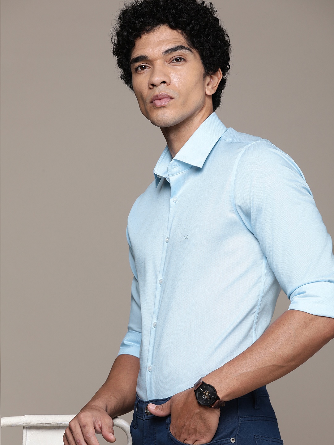 

Calvin Klein Jeans Self Design Textured Slim Fit Semiformal Shirt, Blue