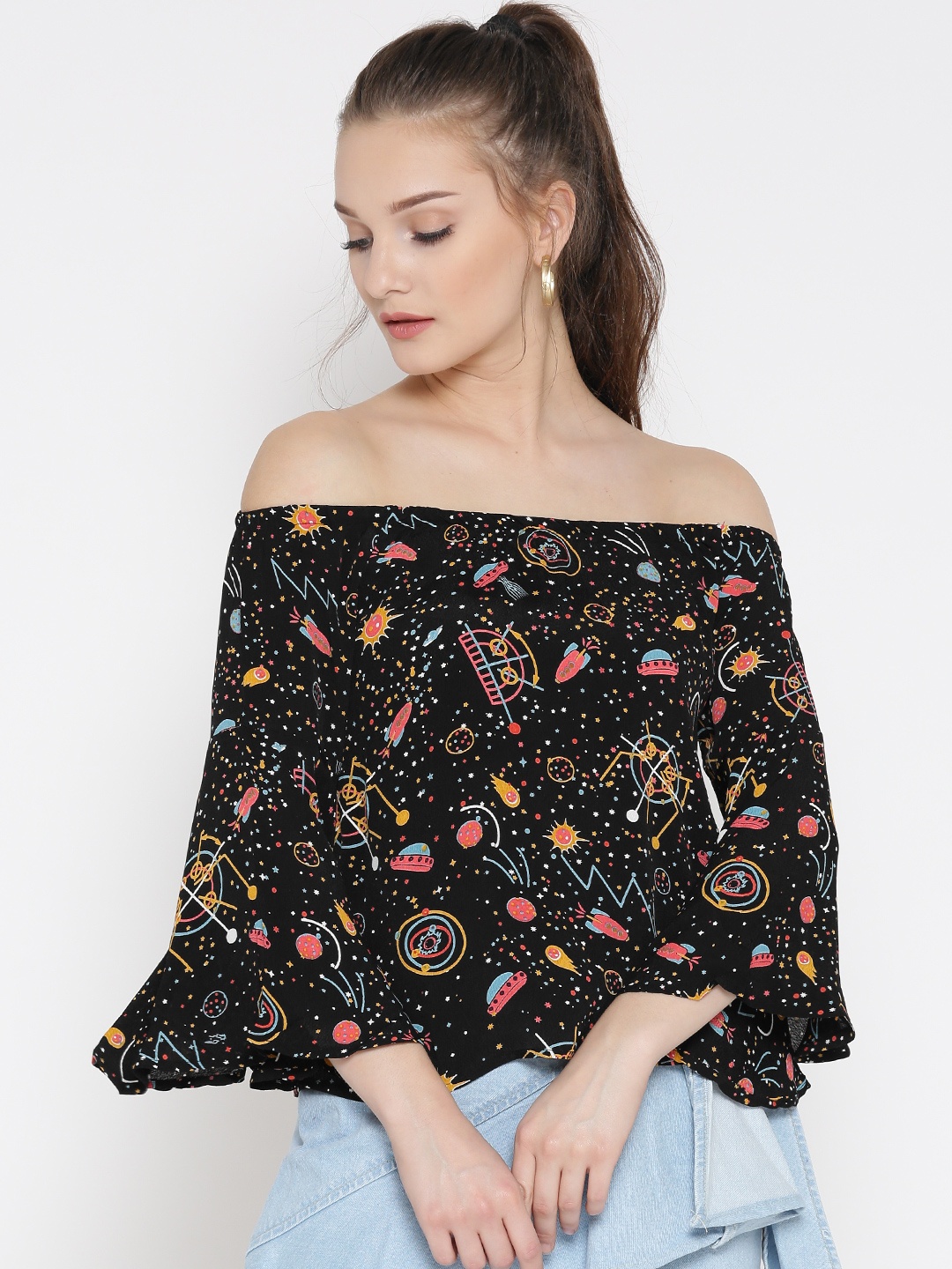 

ONLY Women Black Printed Bardot Top