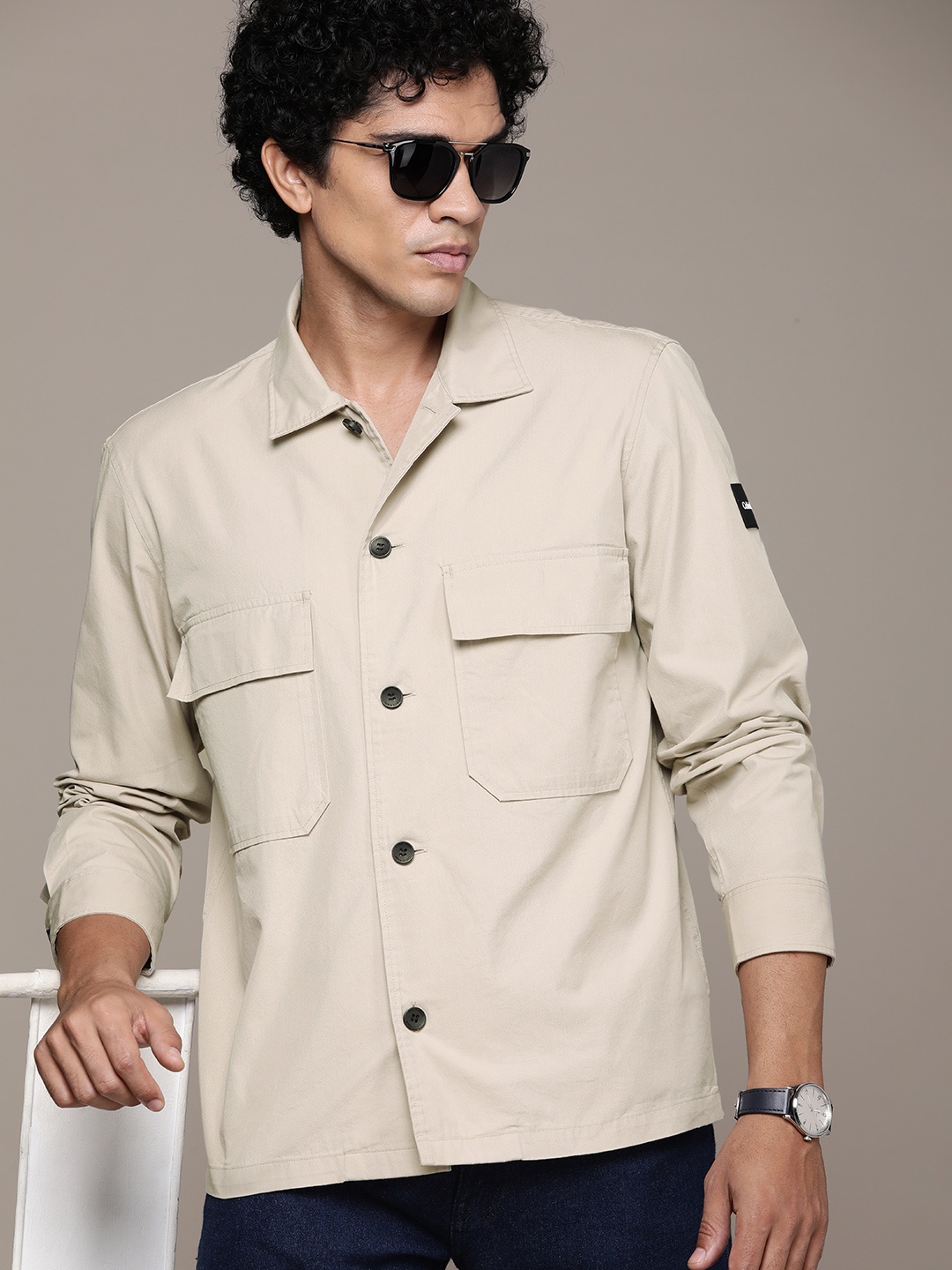 

Calvin Klein Jeans Boxy Cuban Collar Casual Shirt, Beige