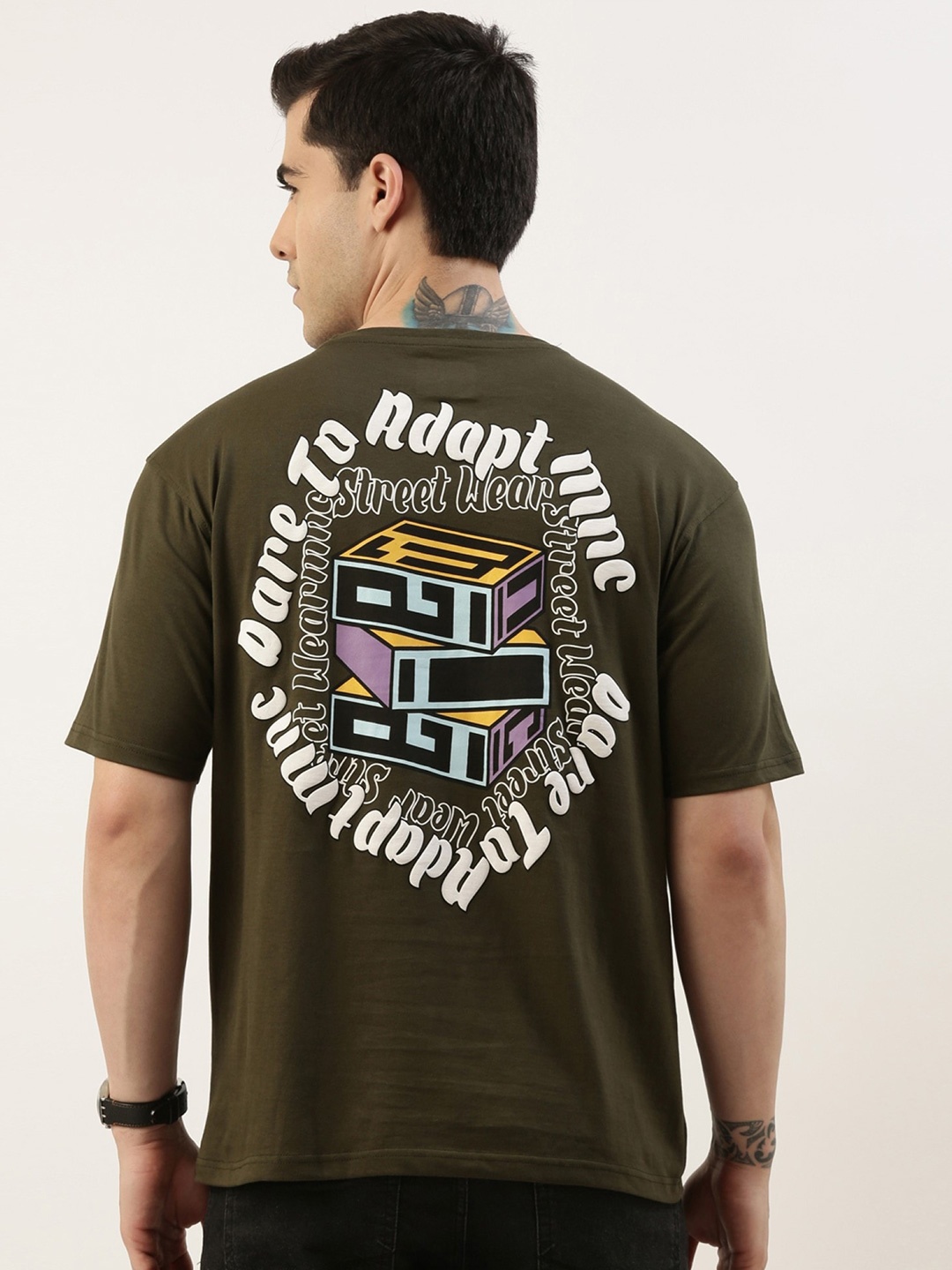 

Maniac Men Typography Printed Oversized Cotton T-shirt, Olive