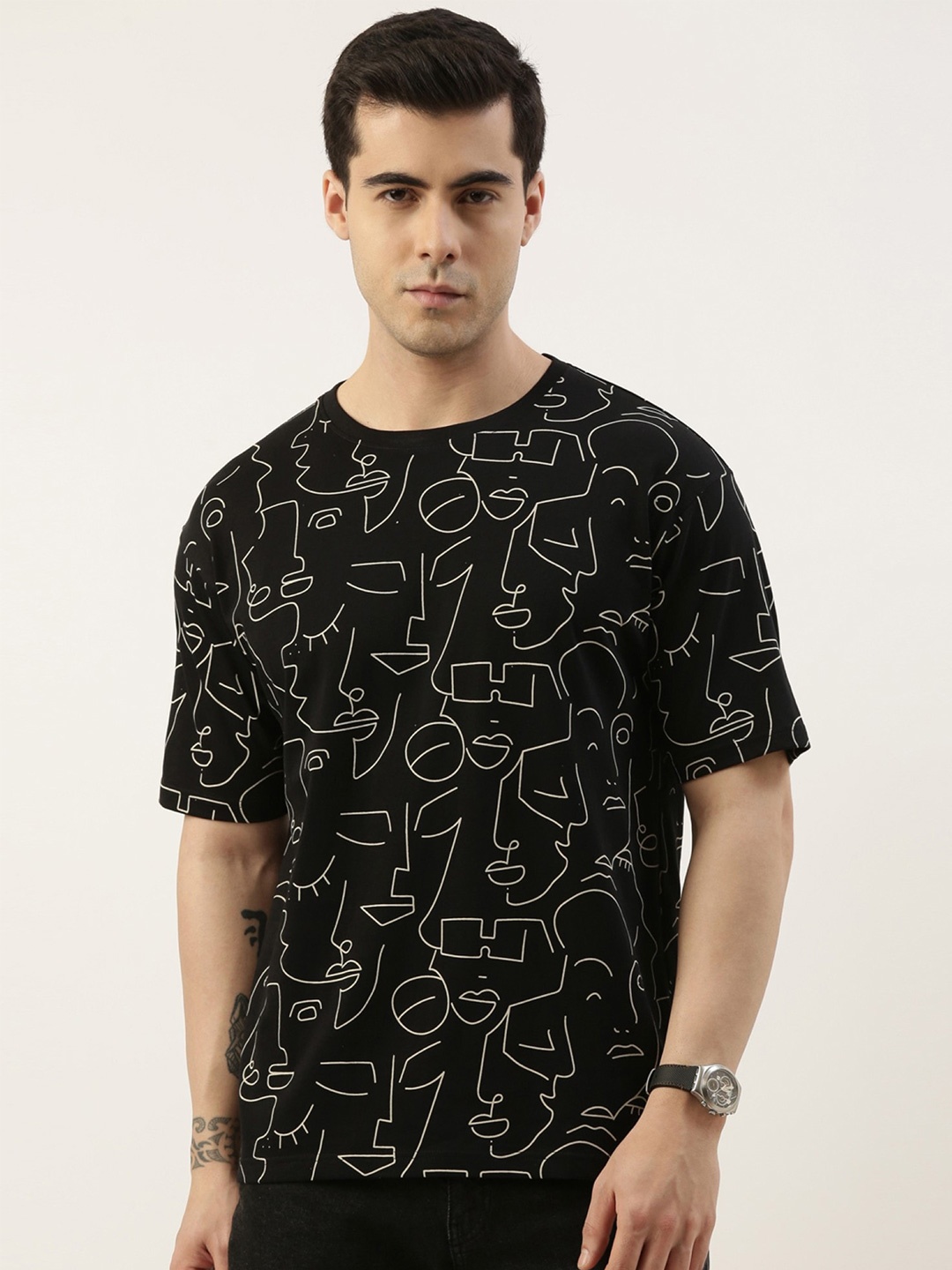 

Maniac Men Printed Oversized Cotton T-shirt, Black