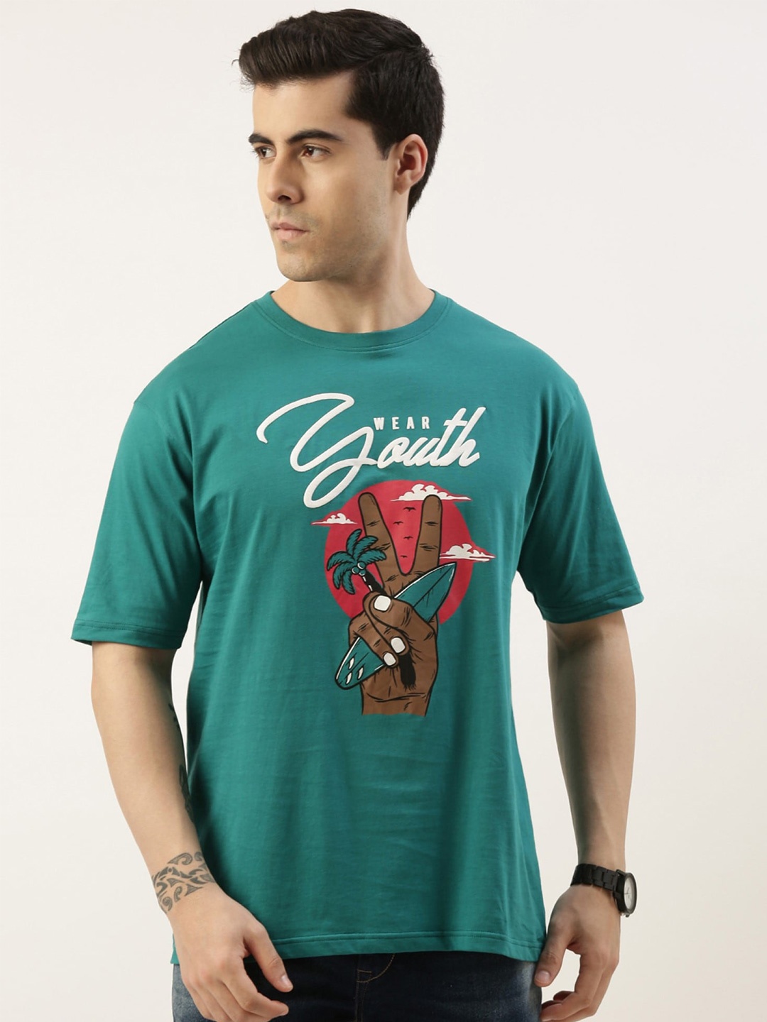 

Maniac Men Printed Oversized Cotton T-shirt, Green