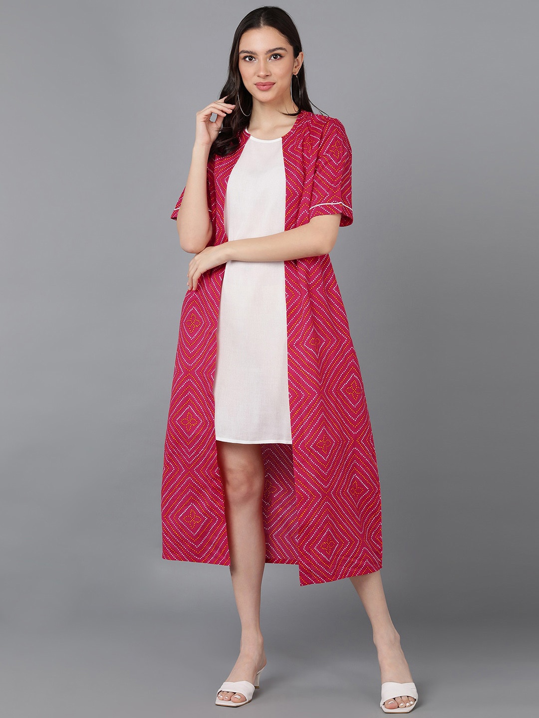 

ZNX Clothing Bandhani Printed A-Line Midi Cotton Dress With Jacket, Pink