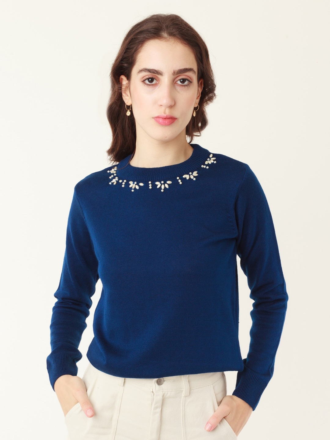 

Zink London Round Neck Embroidered Acrylic Pullover Sweater, Blue