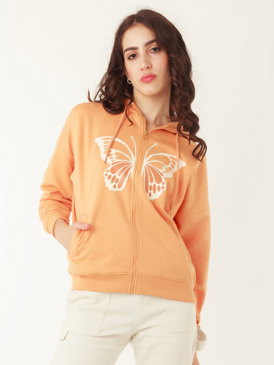 

Zink London Women Graphic Printed Hooded Front-Open Pure Cotton Sweatshirt, Orange