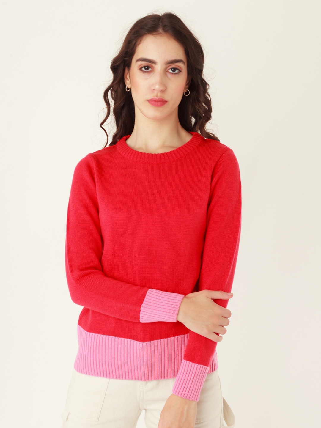 

Zink London Colourblocked Round Neck Acrylic Pullover Sweater, Red