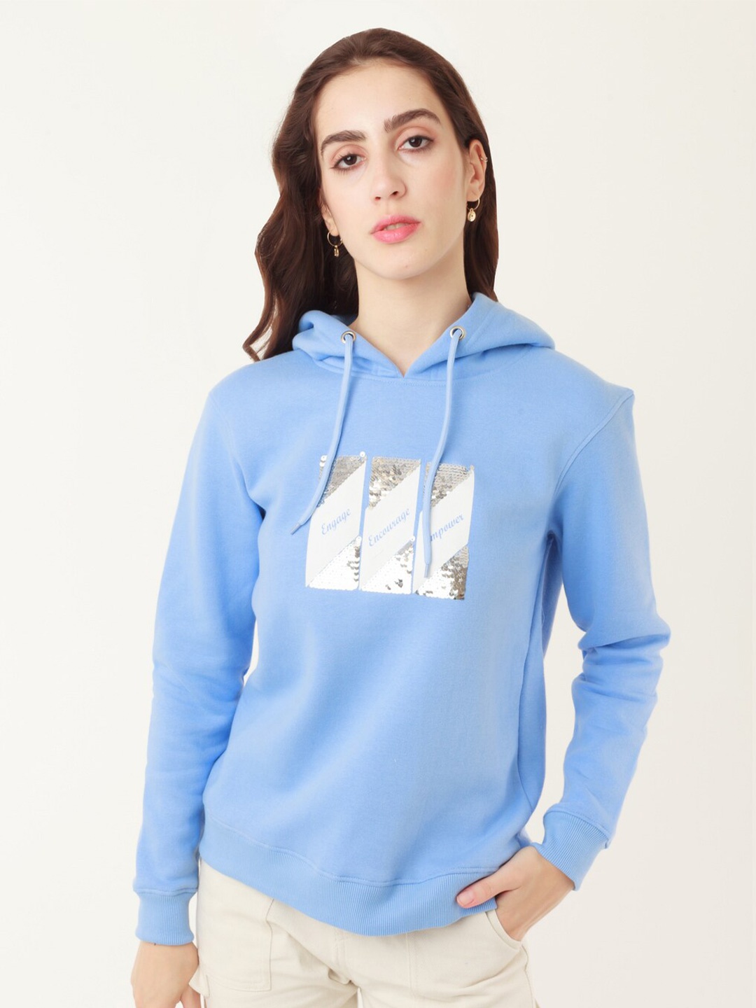 

Zink London Women Blue Graphic Printed Hooded Pullover Sweatshirt