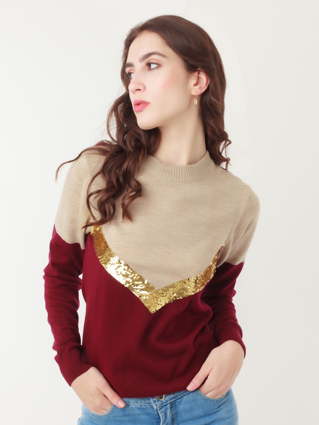 

Zink London Colourblocked Round Neck Acrylic Pullover Sweater, Maroon