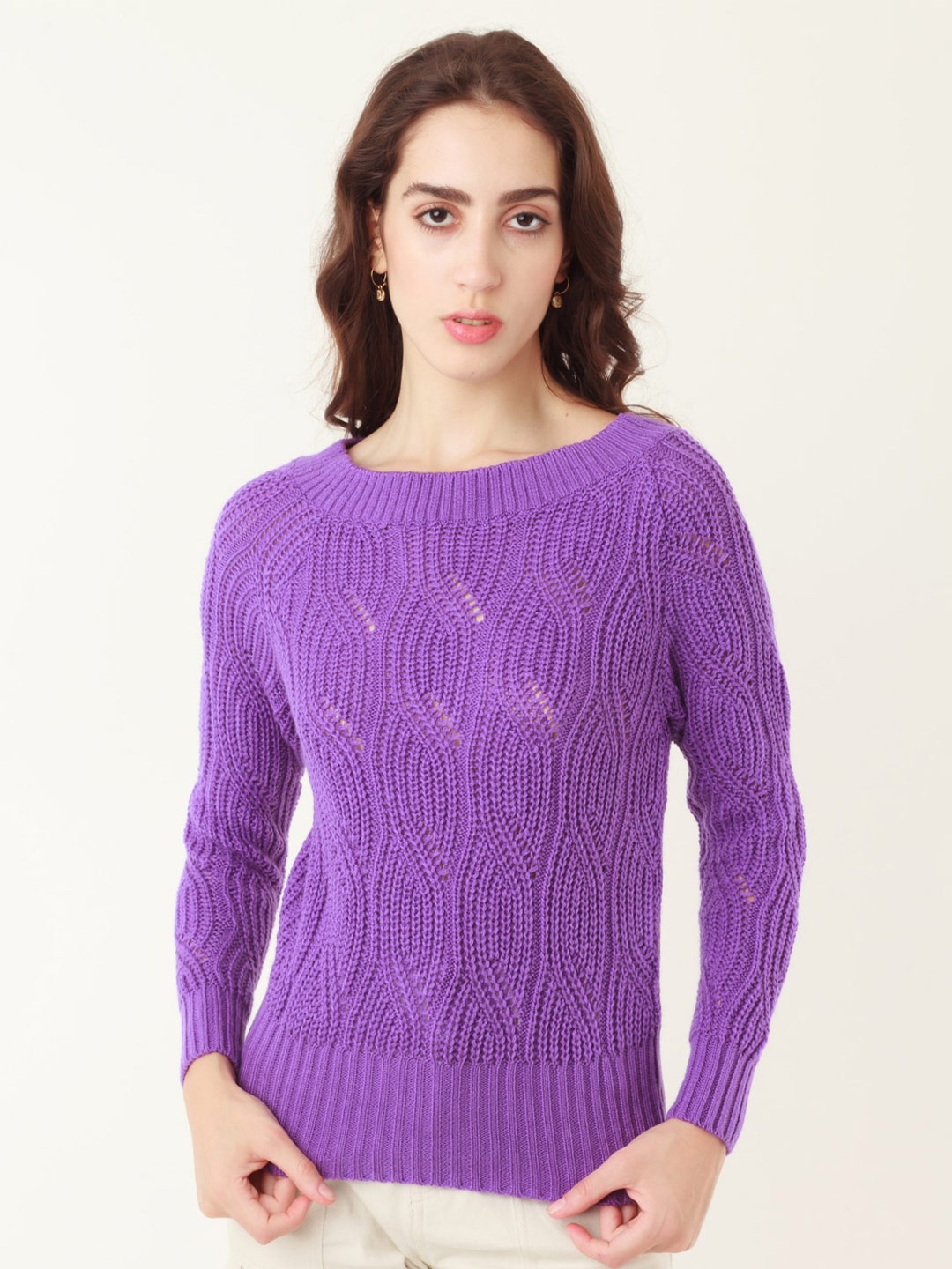 

Zink London Boat Neck Cable Knit Acrylic Pullover Sweater, Purple