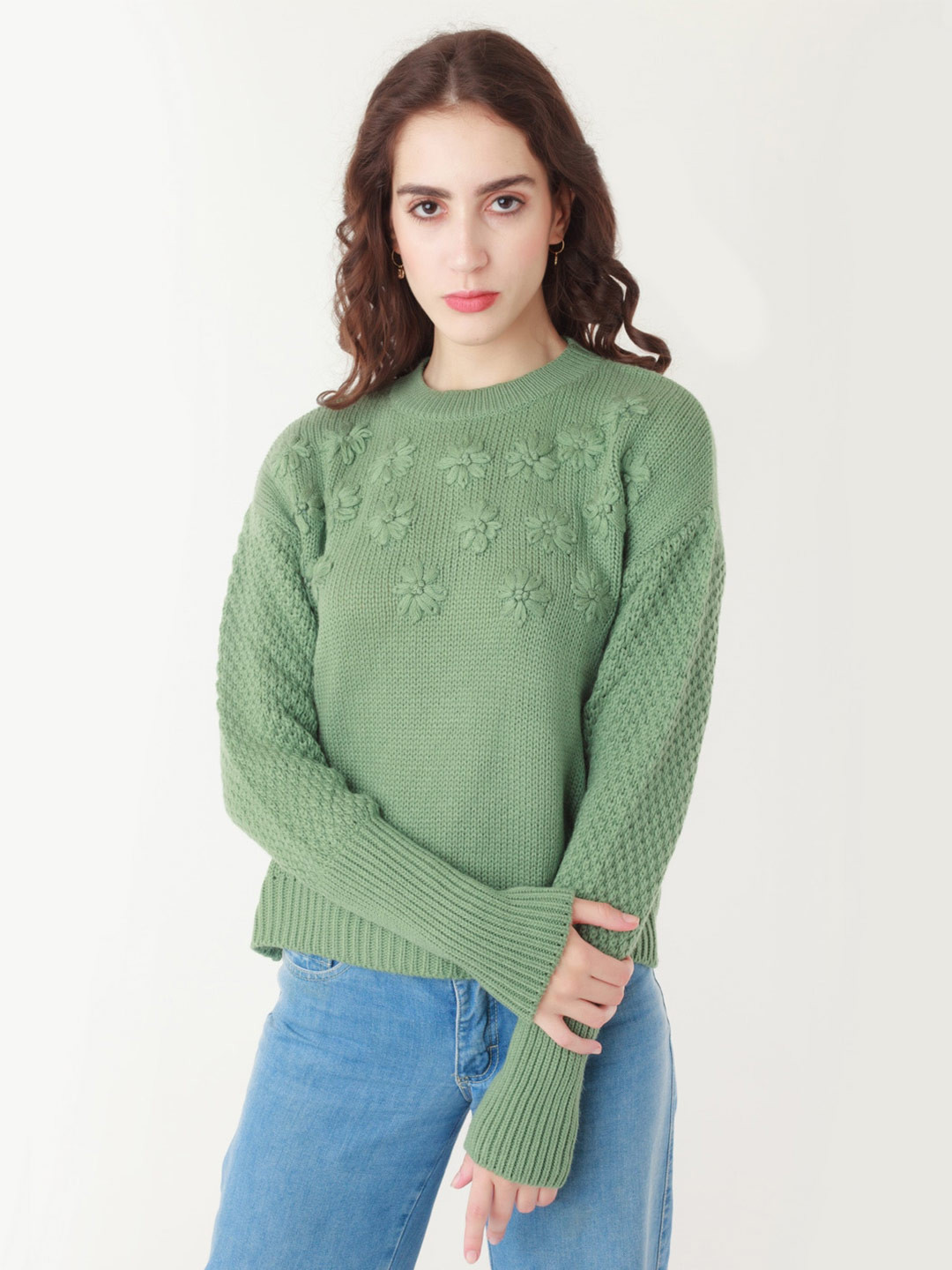 

Zink London Floral Embroidered Round Neck Acrylic Pullover Sweater, Green
