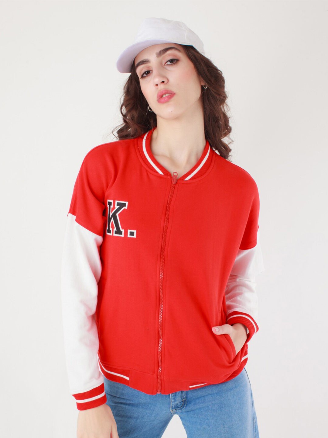 

Zink London Women Mock Collar Front-Open Pure Cotton Sweatshirt, Red