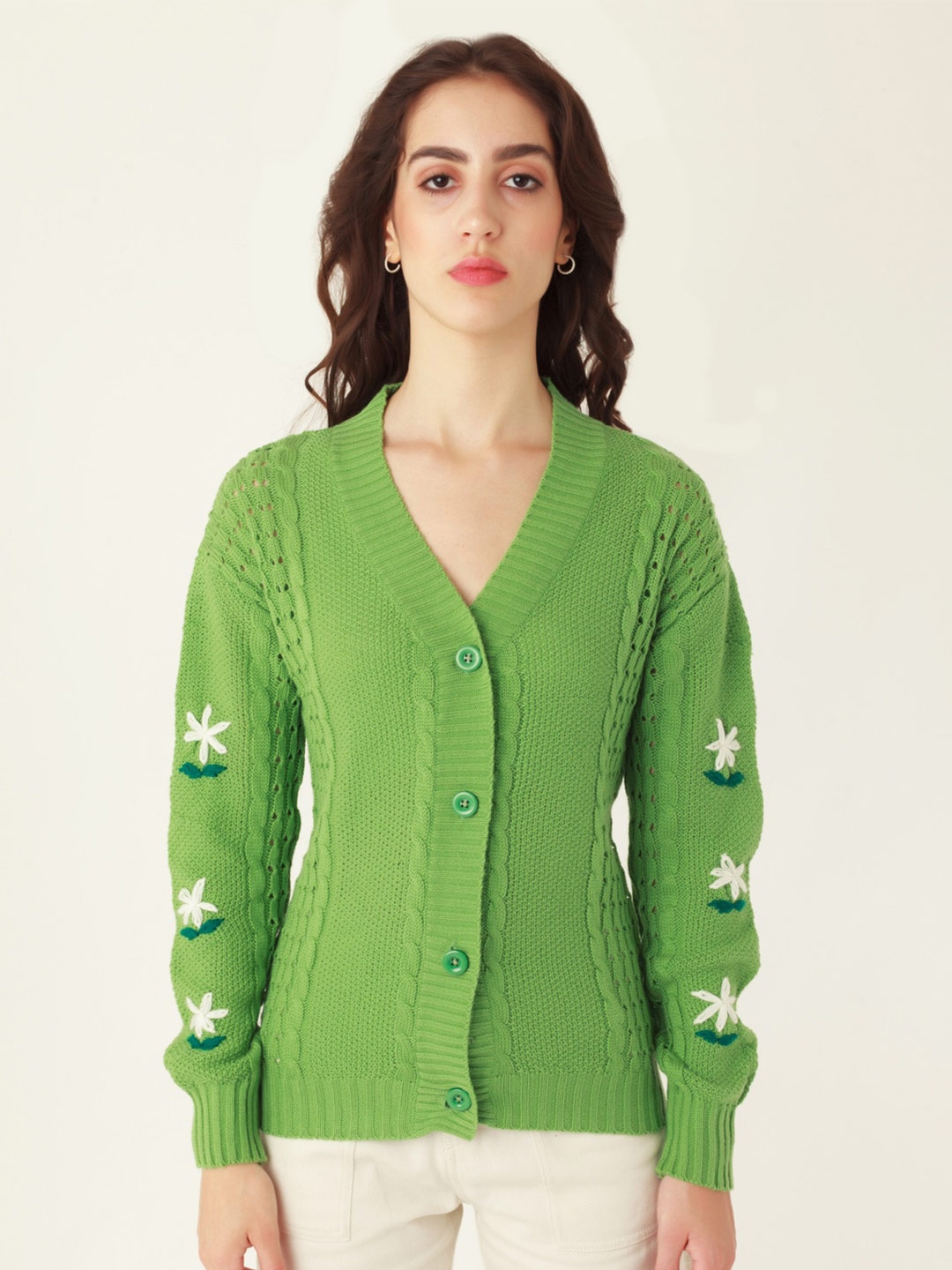 

Zink London Cable Knit V-Neck Acrylic Cardigan Sweater, Green