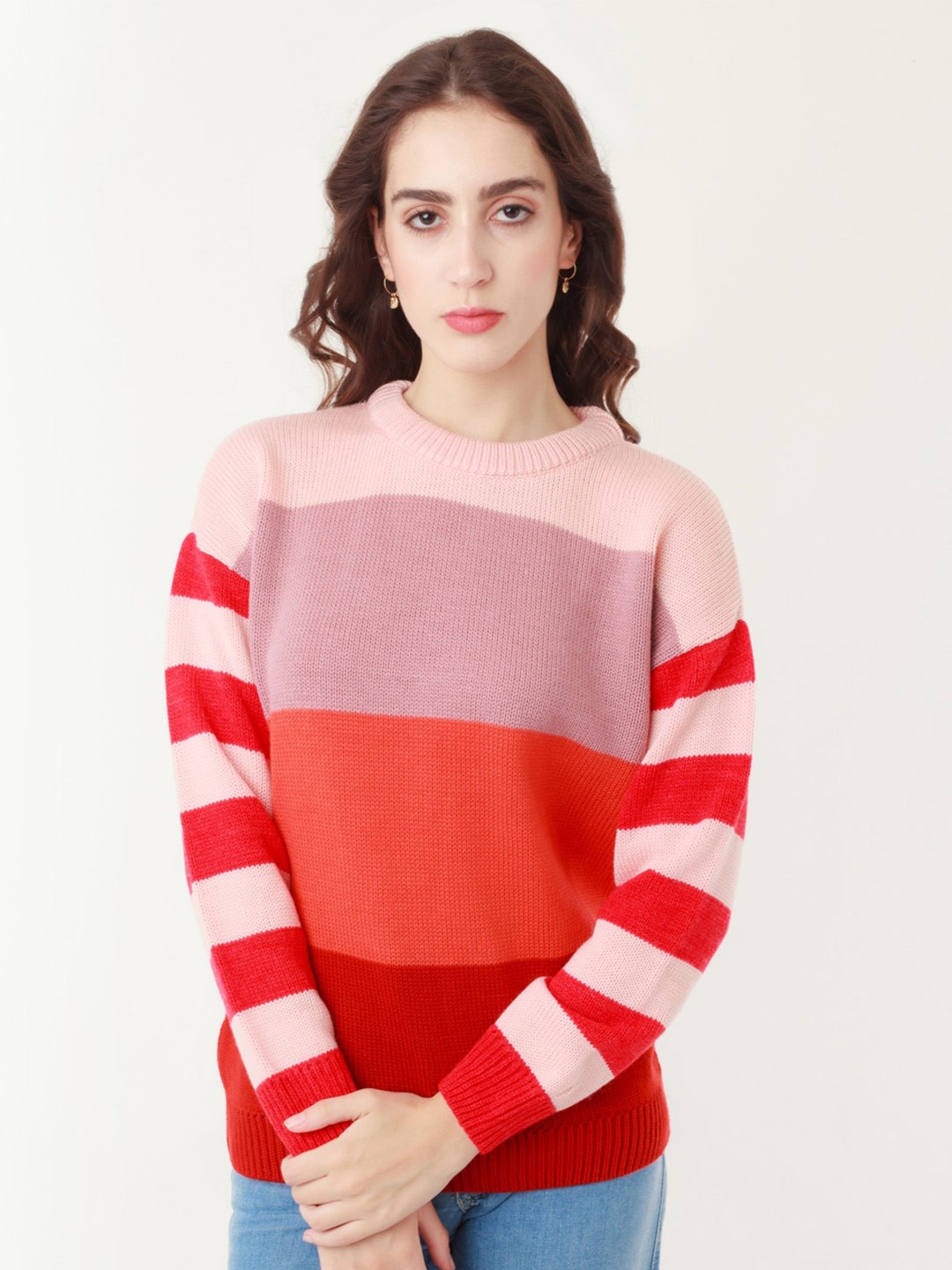 

Zink London Colourblocked Round Neck Acrylic Pullover Sweater, Pink