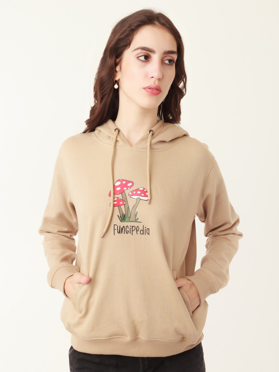 

Zink London Women Typography Printed Hooded Pullover Sweatshirt, Beige
