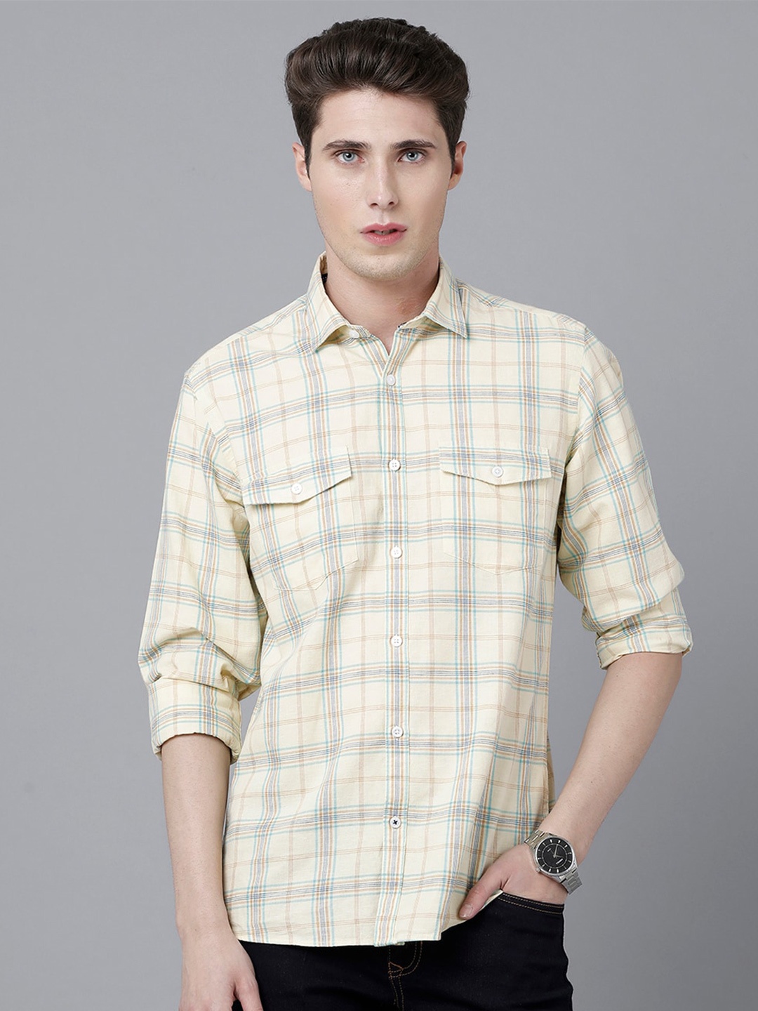 

CAVALLO by Linen Club Men Yellow Tartan Checked Casual Shirt
