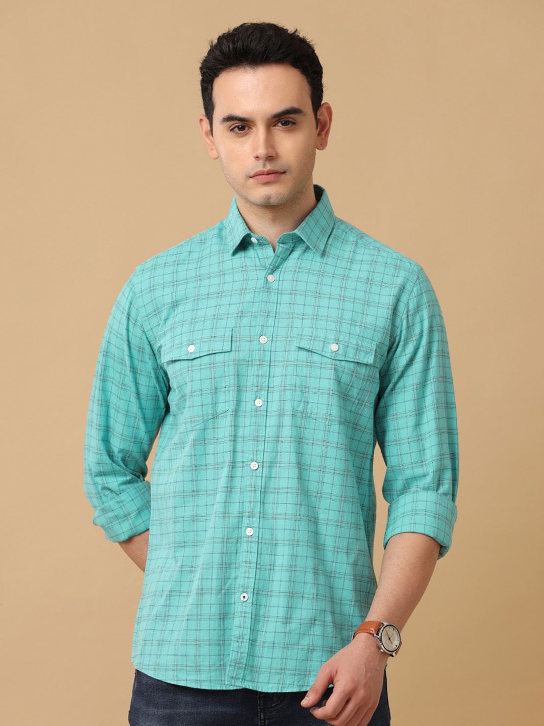 

CAVALLO by Linen Club Men Checked Casual Shirt, Turquoise blue