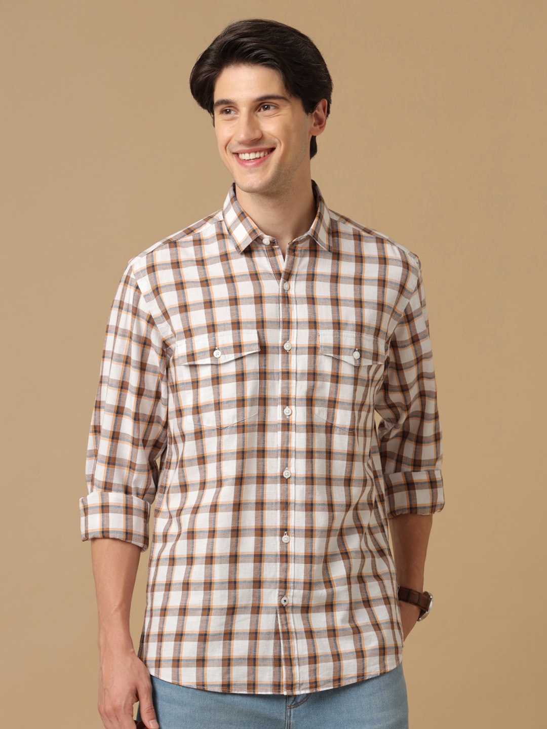 

CAVALLO by Linen Club Men Gingham Checks Checked Casual Shirt, Brown