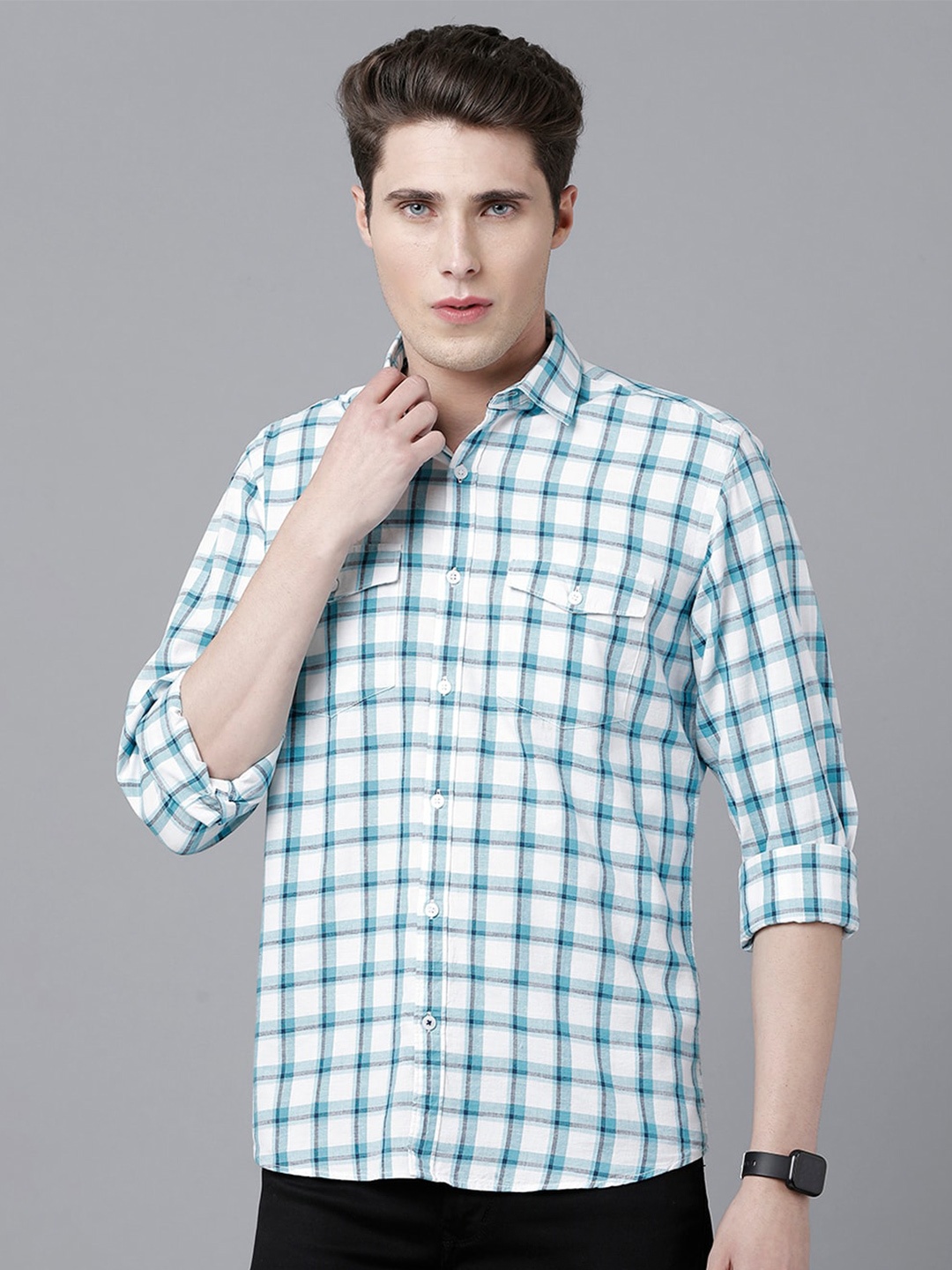 

CAVALLO by Linen Club Men Checked Casual Shirt, Turquoise blue