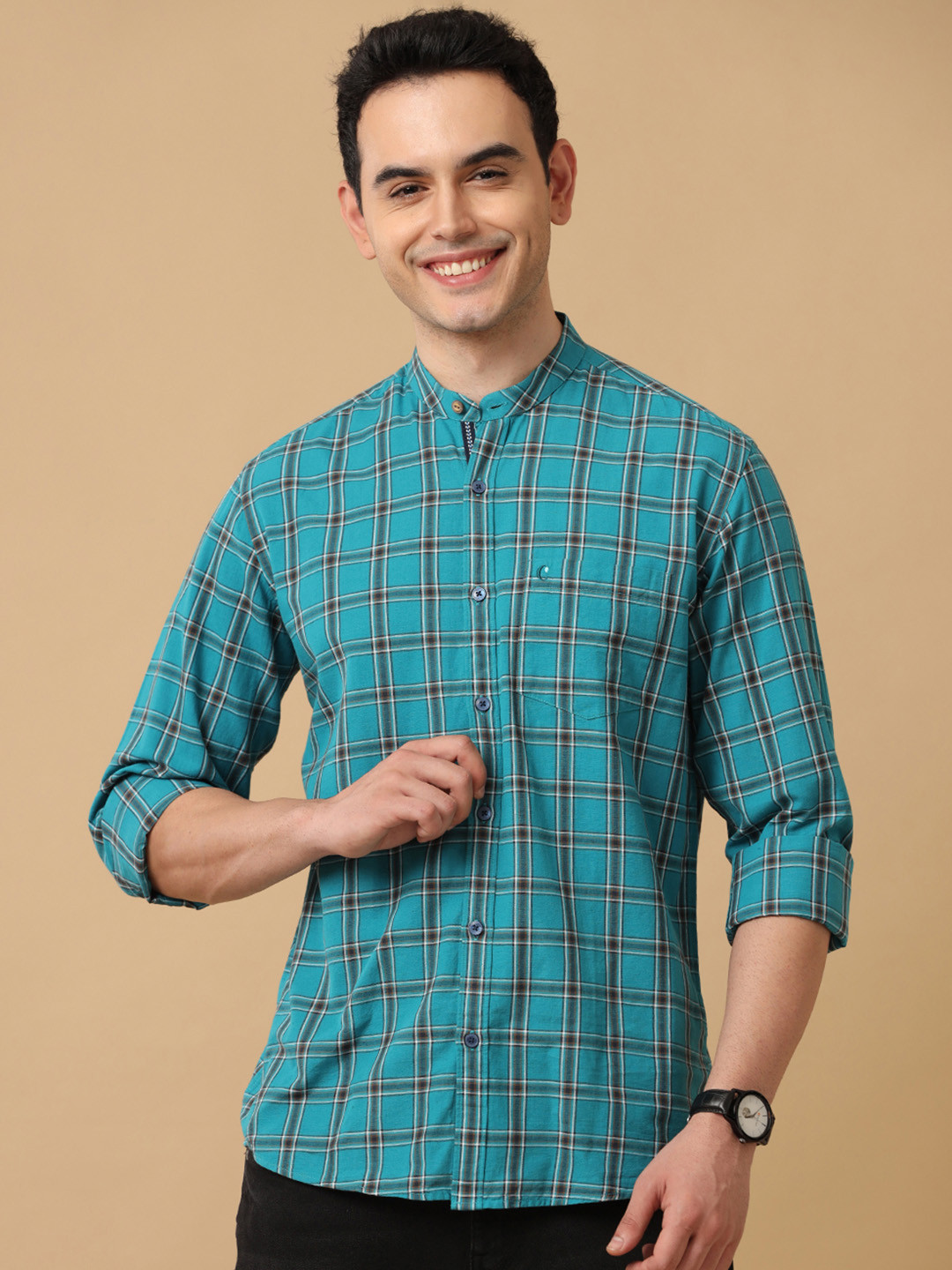 

CAVALLO by Linen Club Men Tartan Checked Casual Shirt, Turquoise blue