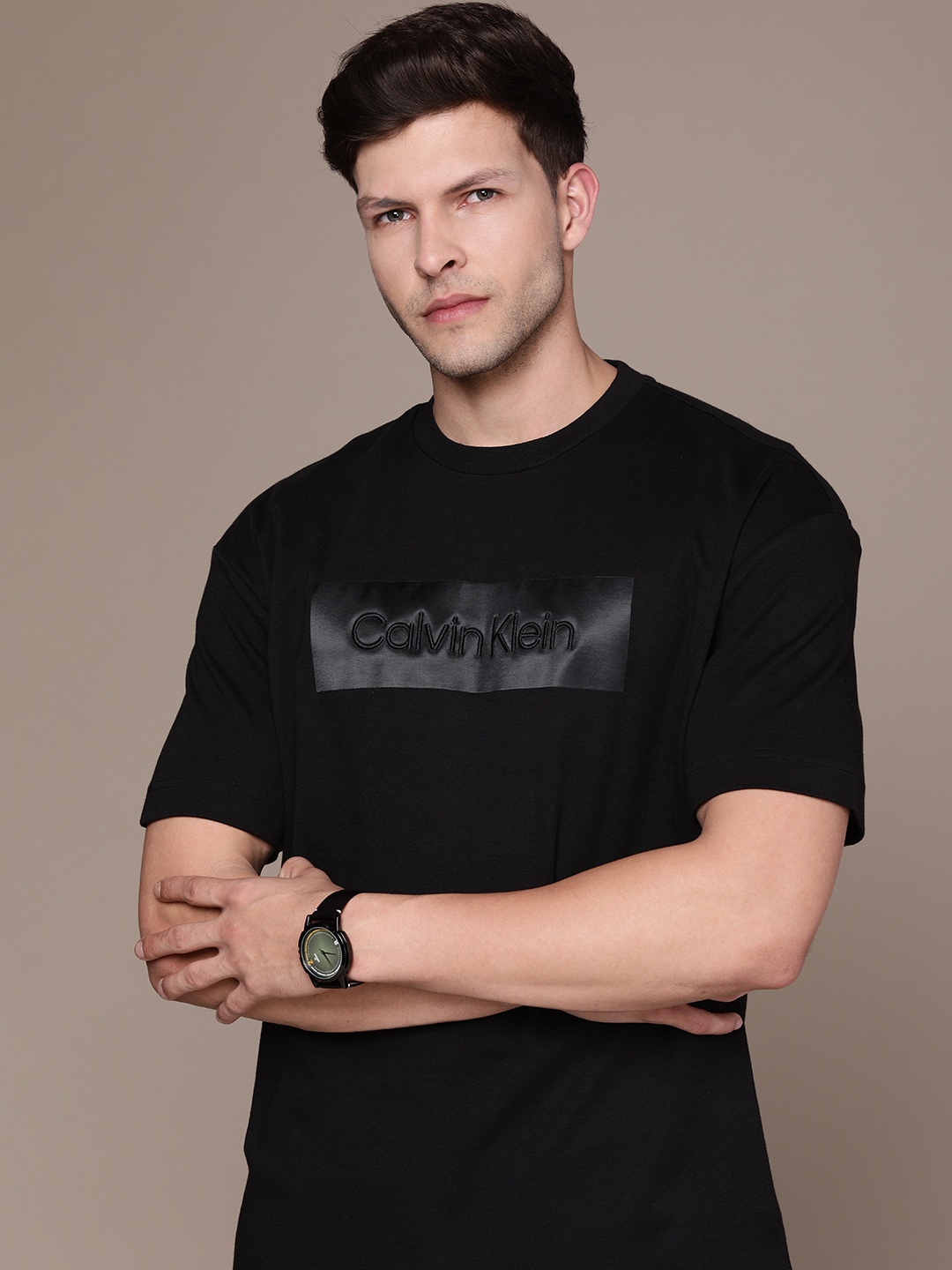 

Calvin Klein Jeans Men Brand Logo Printed Pure Cotton T-shirt, Black