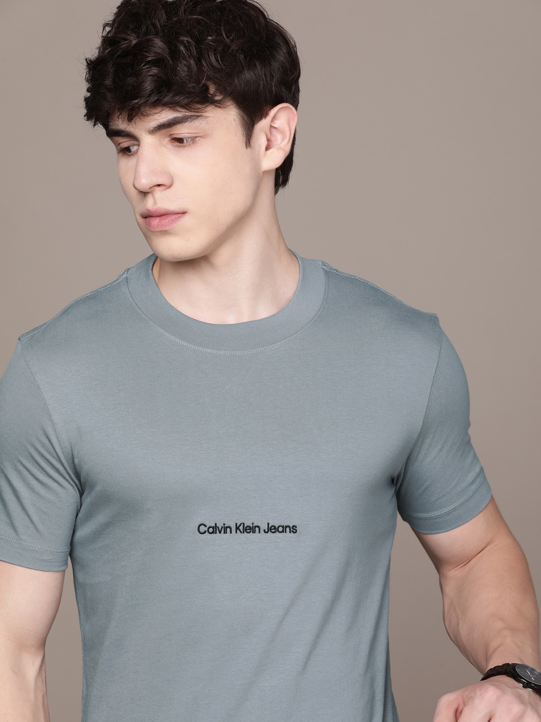 

Calvin Klein Jeans Round Neck Typography Pure Cotton Slim Fit T-shirt, Grey