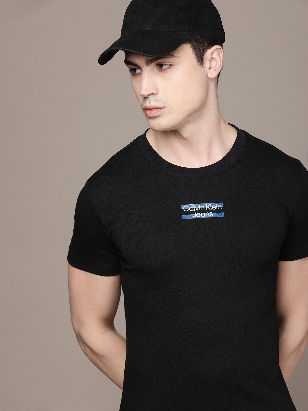 

Calvin Klein Jeans Typography Printed Detail Pure Cotton Slim Fit T-shirt, Black