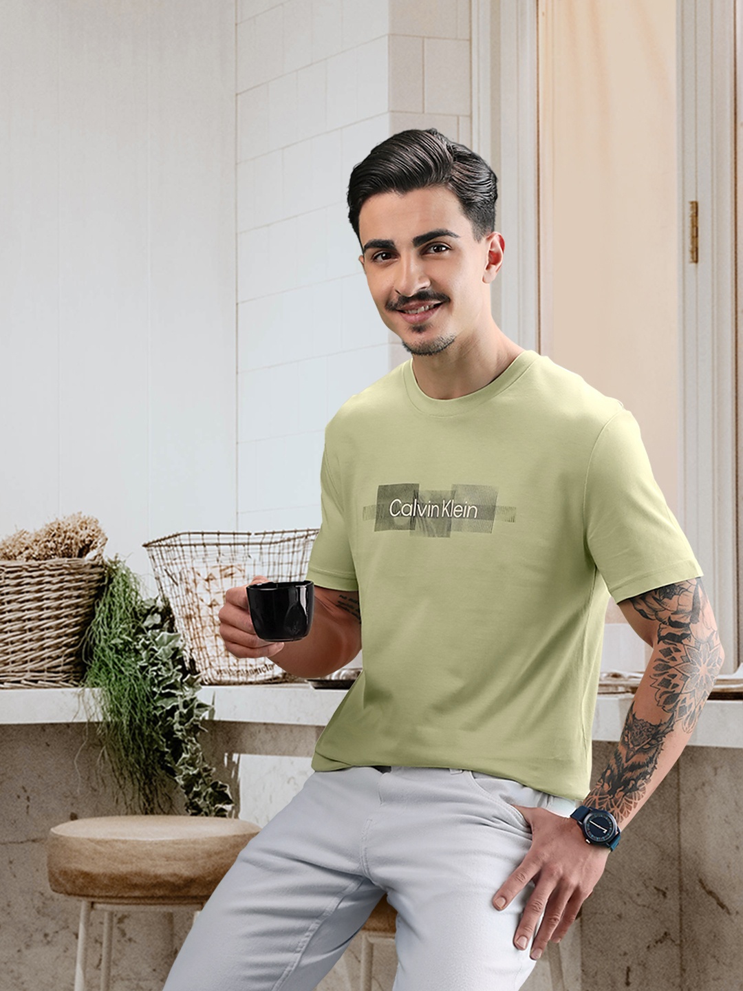 Calvin Klein Jeans Men Pure Cotton Brand Logo Printed T-shirt, Green