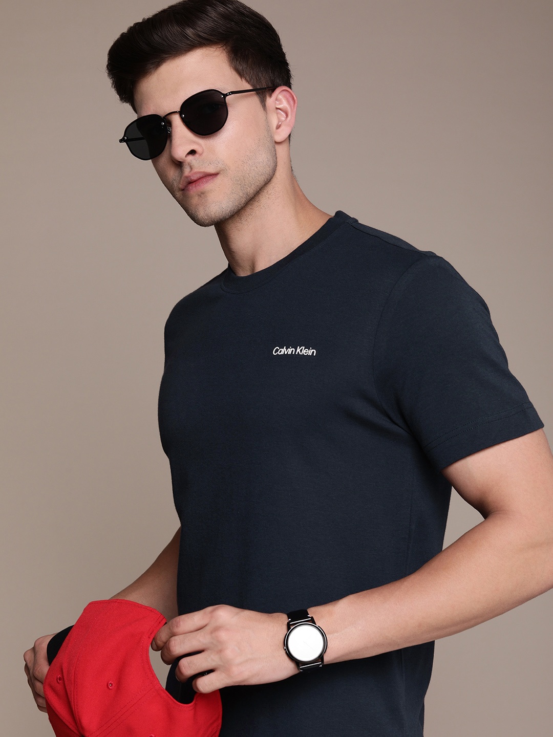 

Calvin Klein Jeans Men Brand Logo Printed Pure Cotton T-shirt, Navy blue