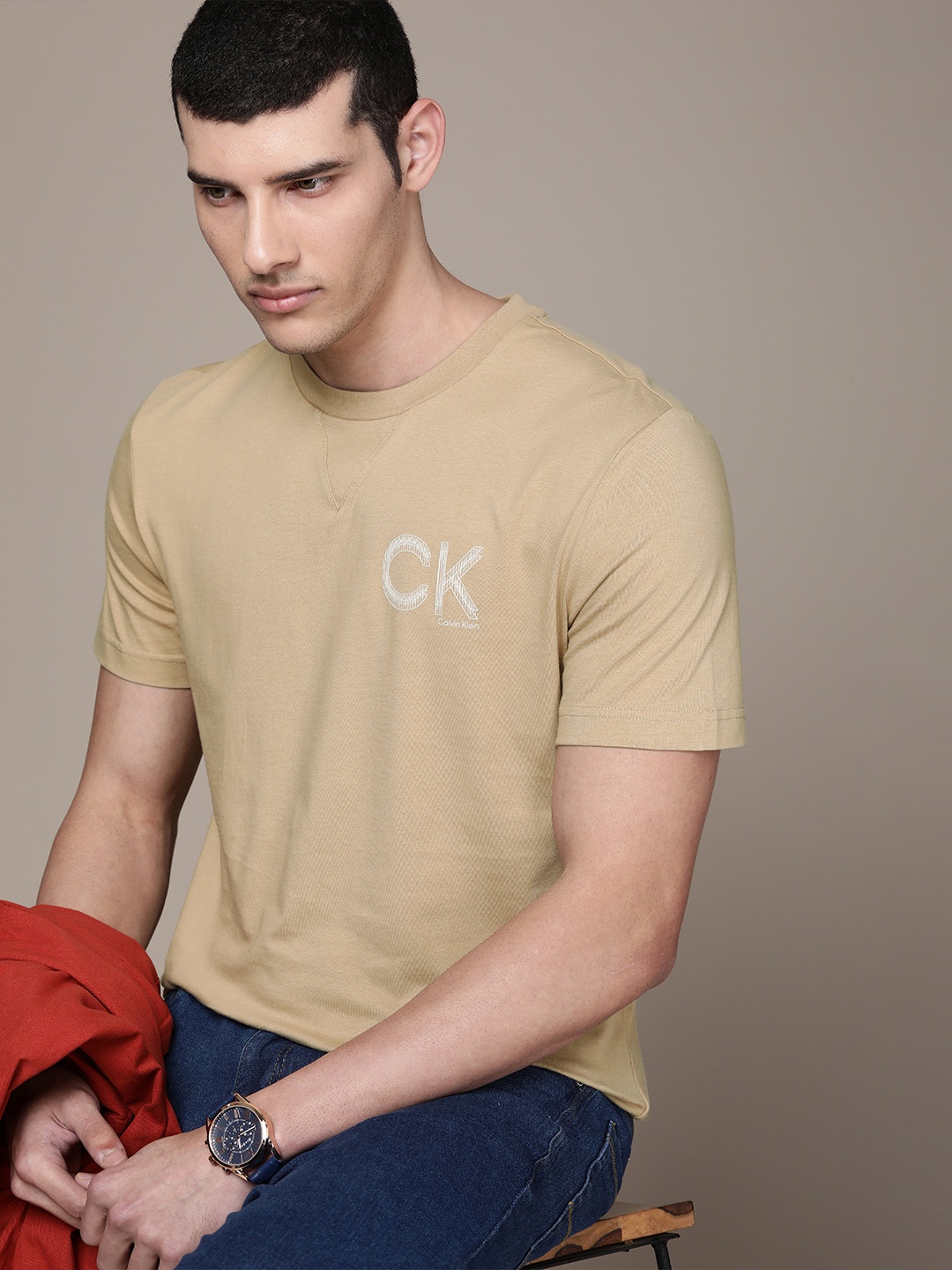 

Calvin Klein Jeans Men Pure Cotton T-shirt with Logo Print Detailing, Khaki