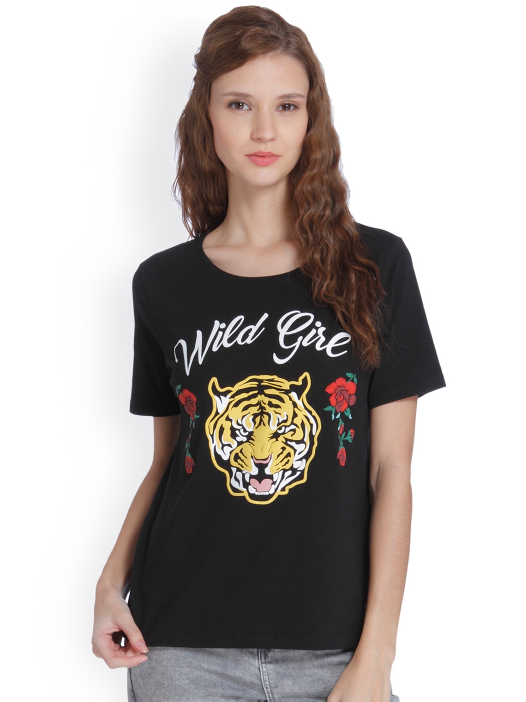 

ONLY Women Black Printed Round Neck Pure Cotton T-shirt
