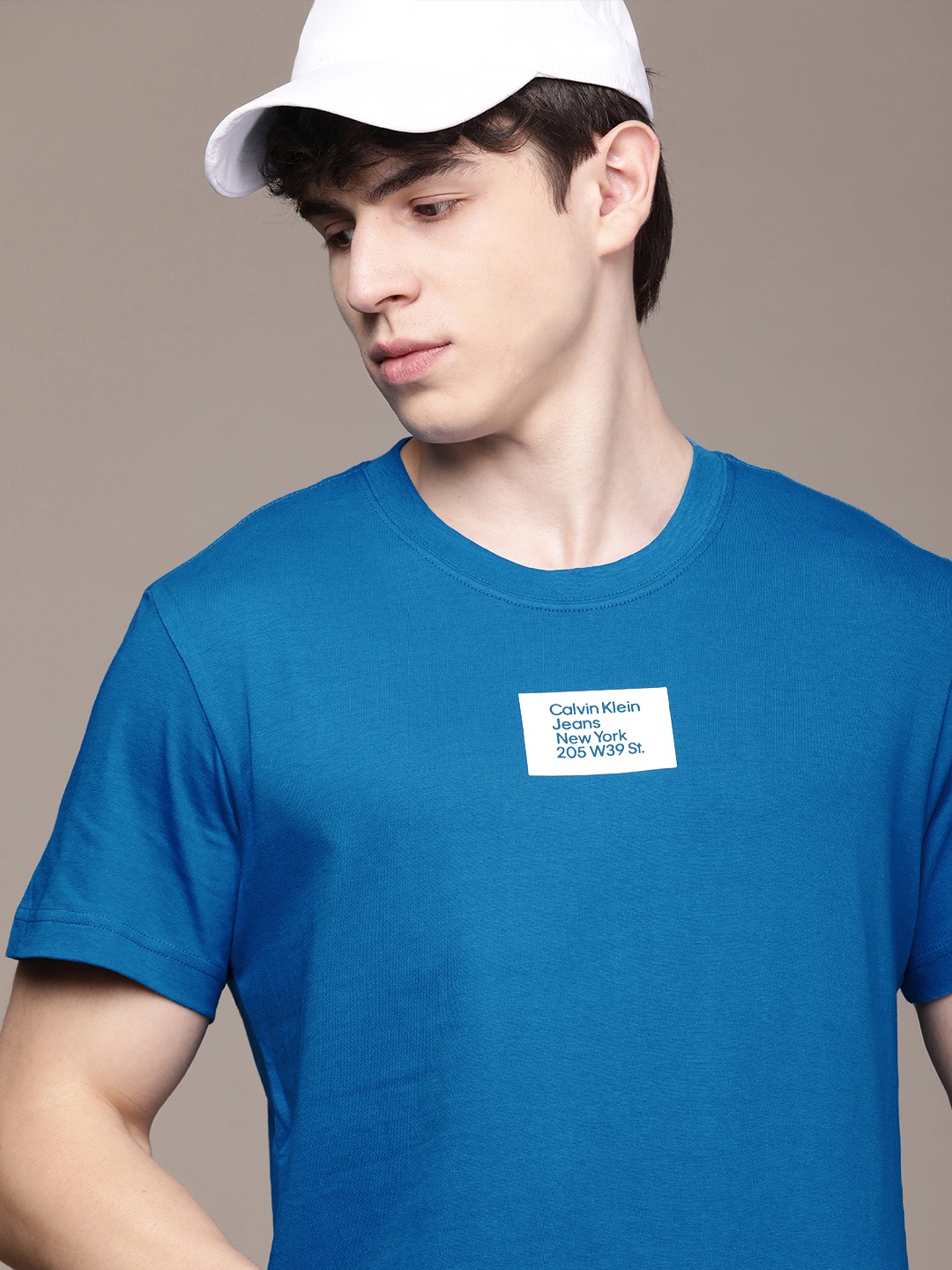 

Calvin Klein Jeans Round Neck Typography Printed Pure Cotton Slim Fit T-shirt, Blue